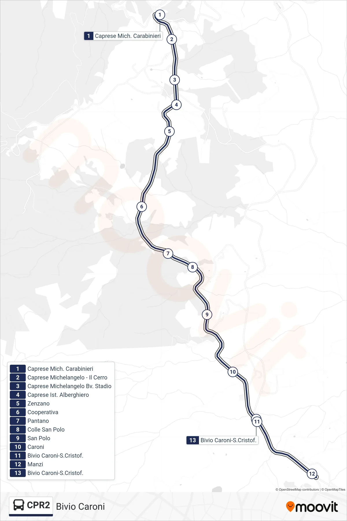 Linea CPR2 bus (Bivio Caroni) - Percorsi e fermate sulla mappa