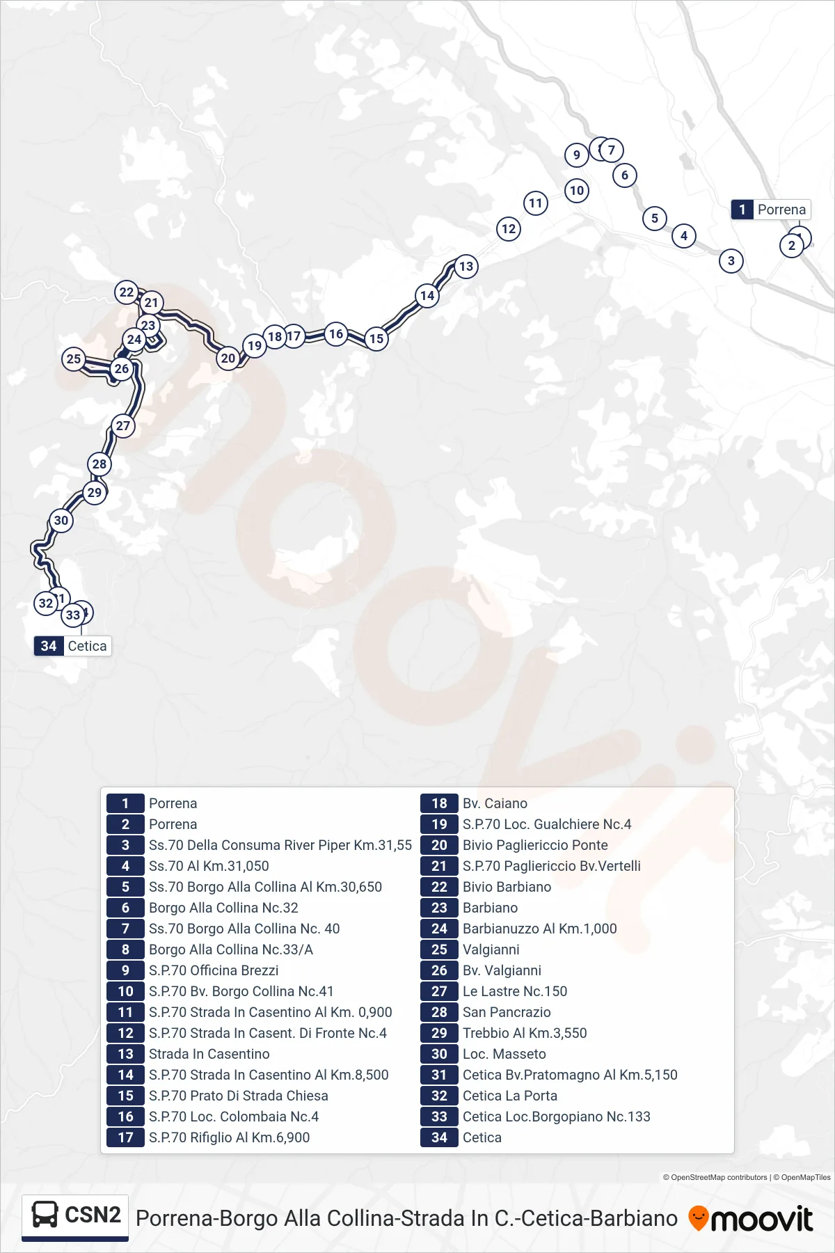 Linea CSN2 bus (Cetica) - Percorsi e fermate sulla mappa