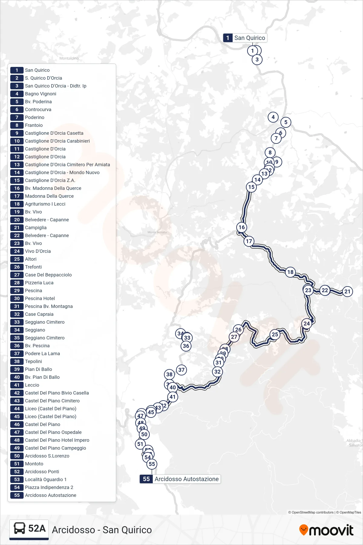 Linea 52A bus (Arcidosso Autostazione) - Percorsi e fermate sulla mappa