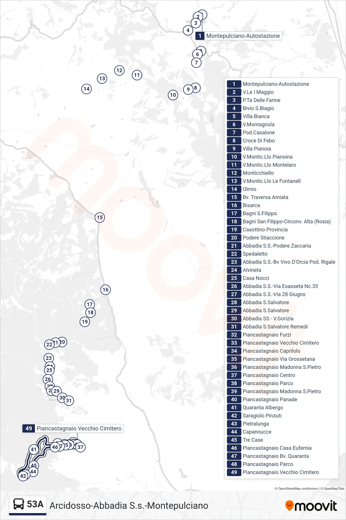 Linea 53A bus (Piancastagnaio) - Percorsi e fermate sulla mappa