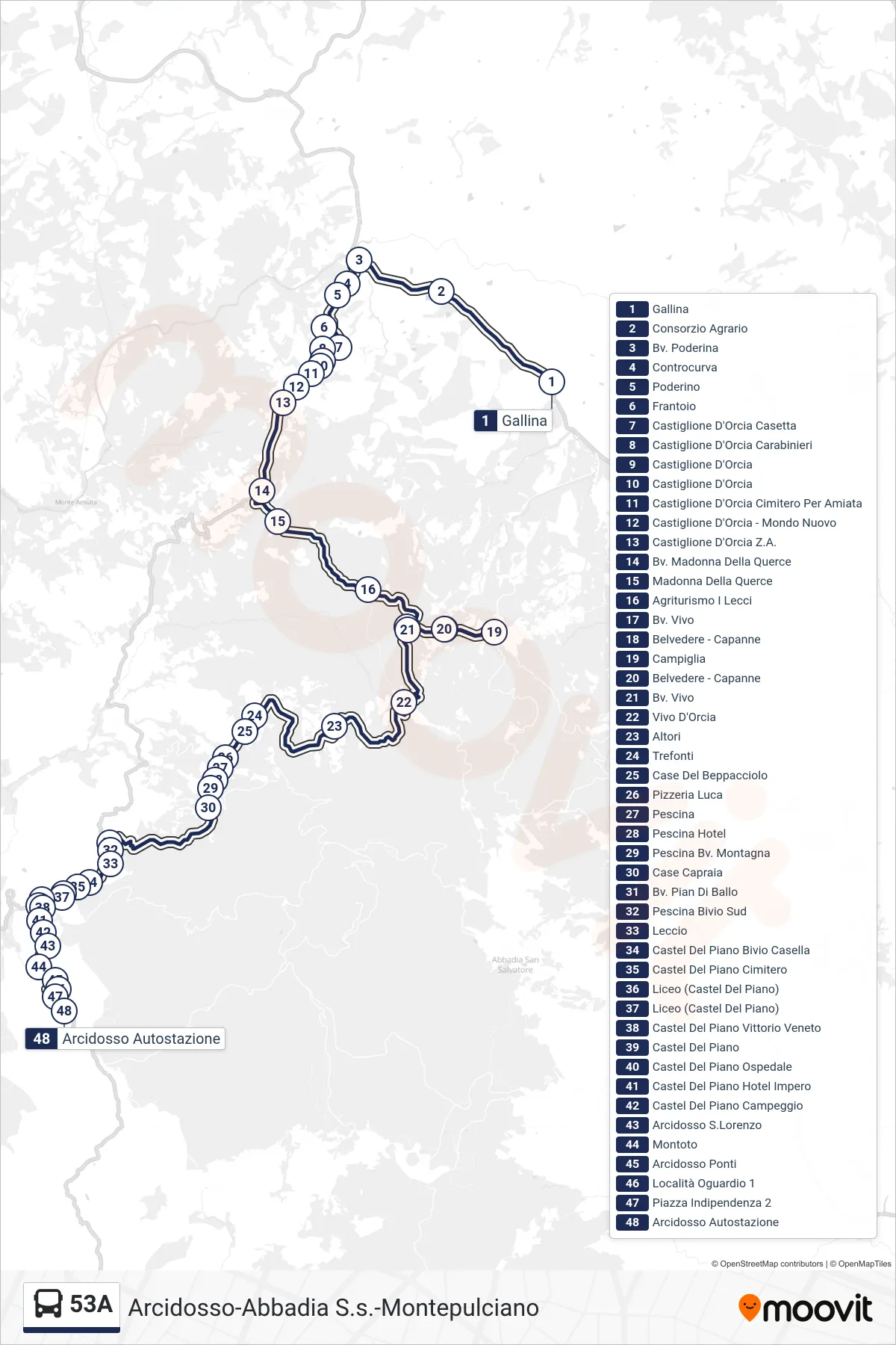 Linea 53A  bus (Arcidosso Autostazione) - Percorsi e fermate sulla mappa