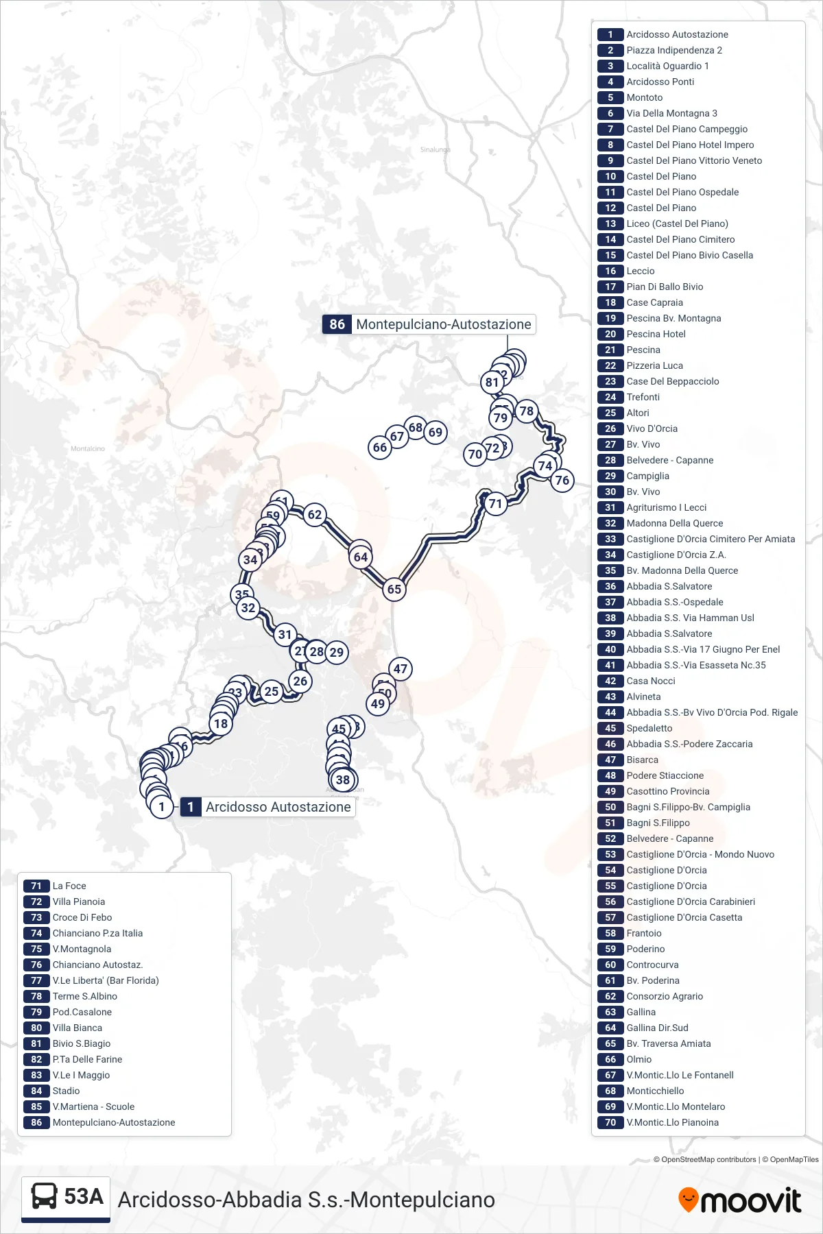 Linea 53A bus (Montepulciano Autost.) - Percorsi e fermate sulla mappa