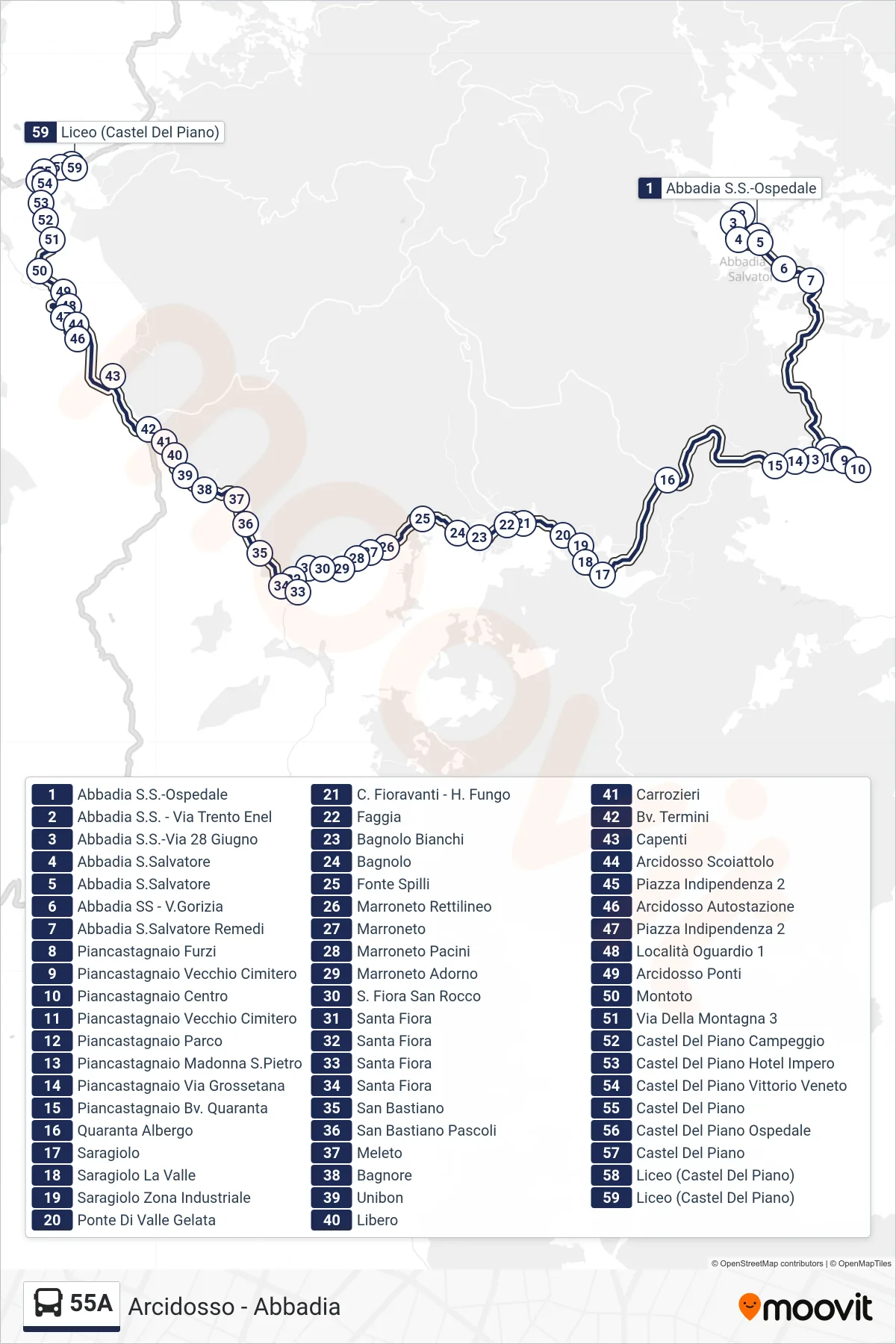 Linea 55A bus (Liceo (Castel Del Piano)) - Percorsi e fermate sulla mappa