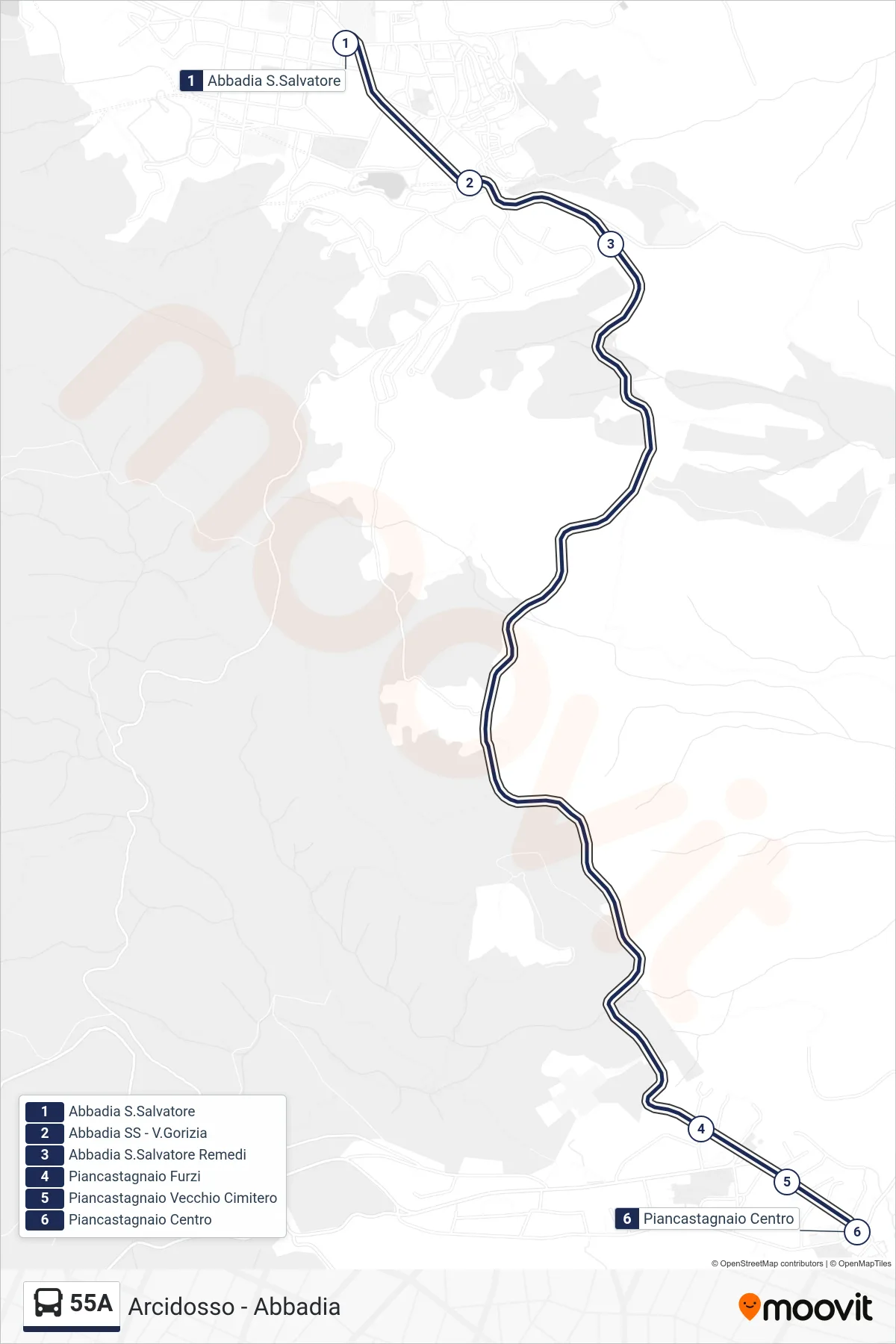 Linea 55A bus (Piancastagnaio) - Percorsi e fermate sulla mappa