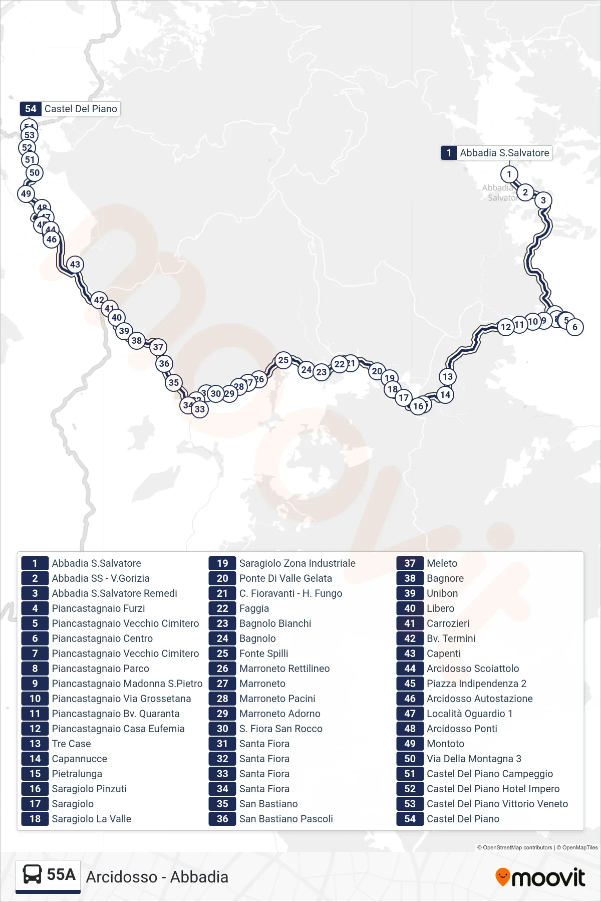Linea 55A bus (Castel Del Piano) - Percorsi e fermate sulla mappa