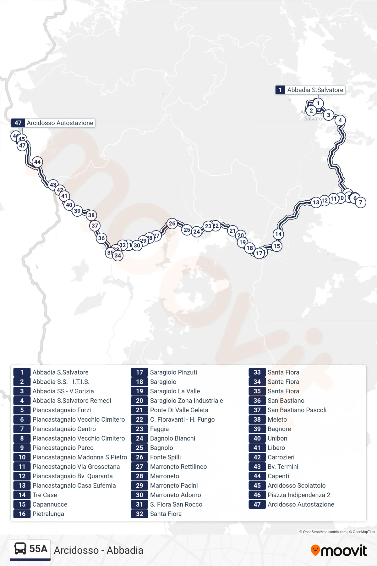 Linea 55A  bus (Arcidosso Autostazione) - Percorsi e fermate sulla mappa