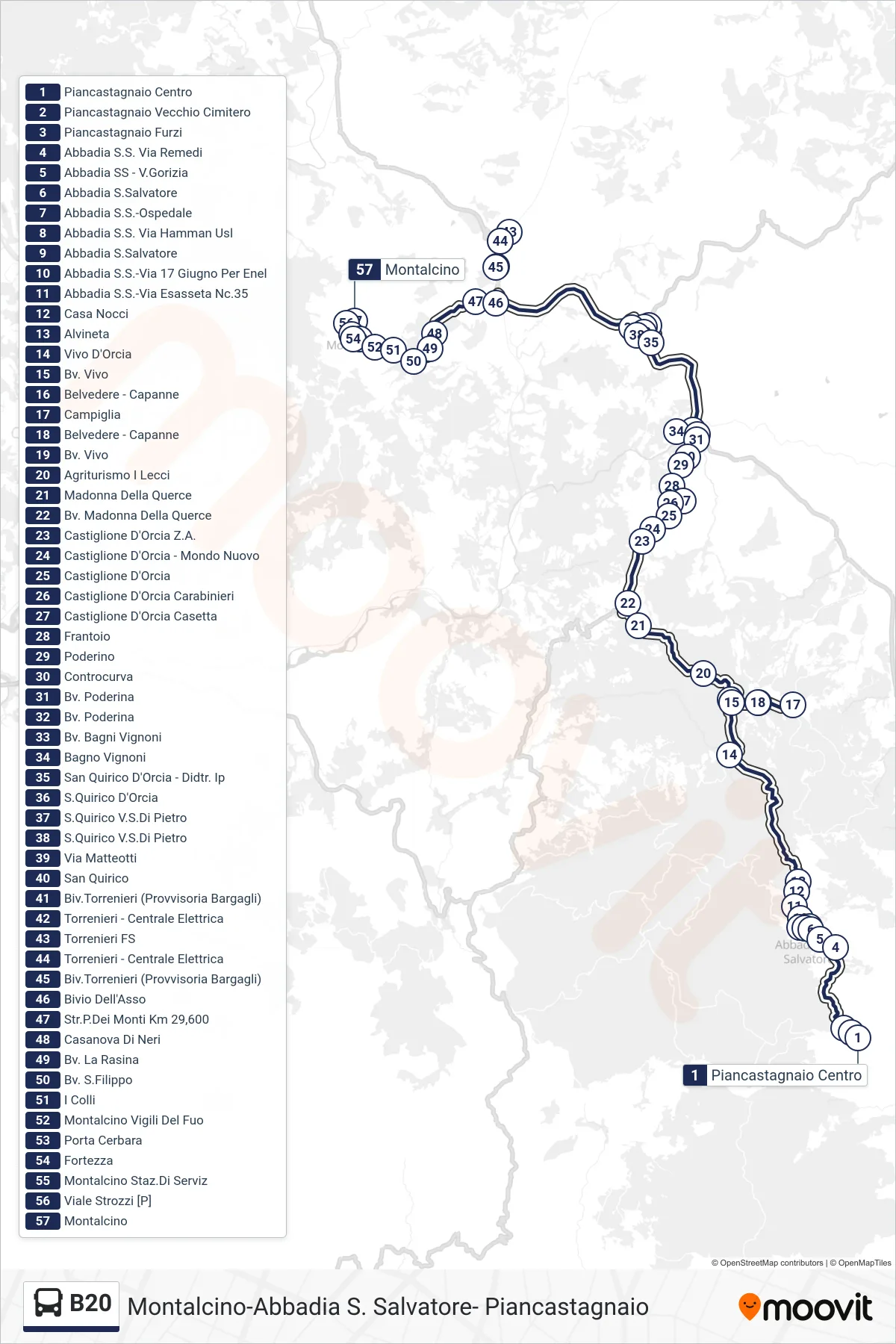 Linea B20  bus (Montalcino) - Percorsi e fermate sulla mappa