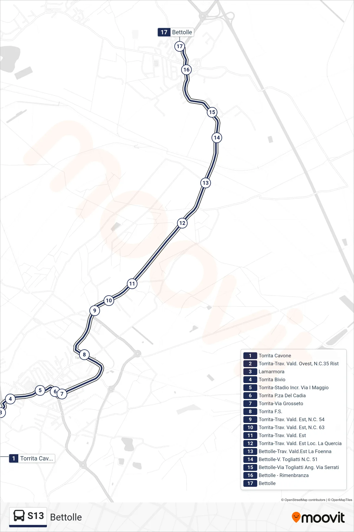 Linea S13 bus (Bettolle) - Percorsi e fermate sulla mappa