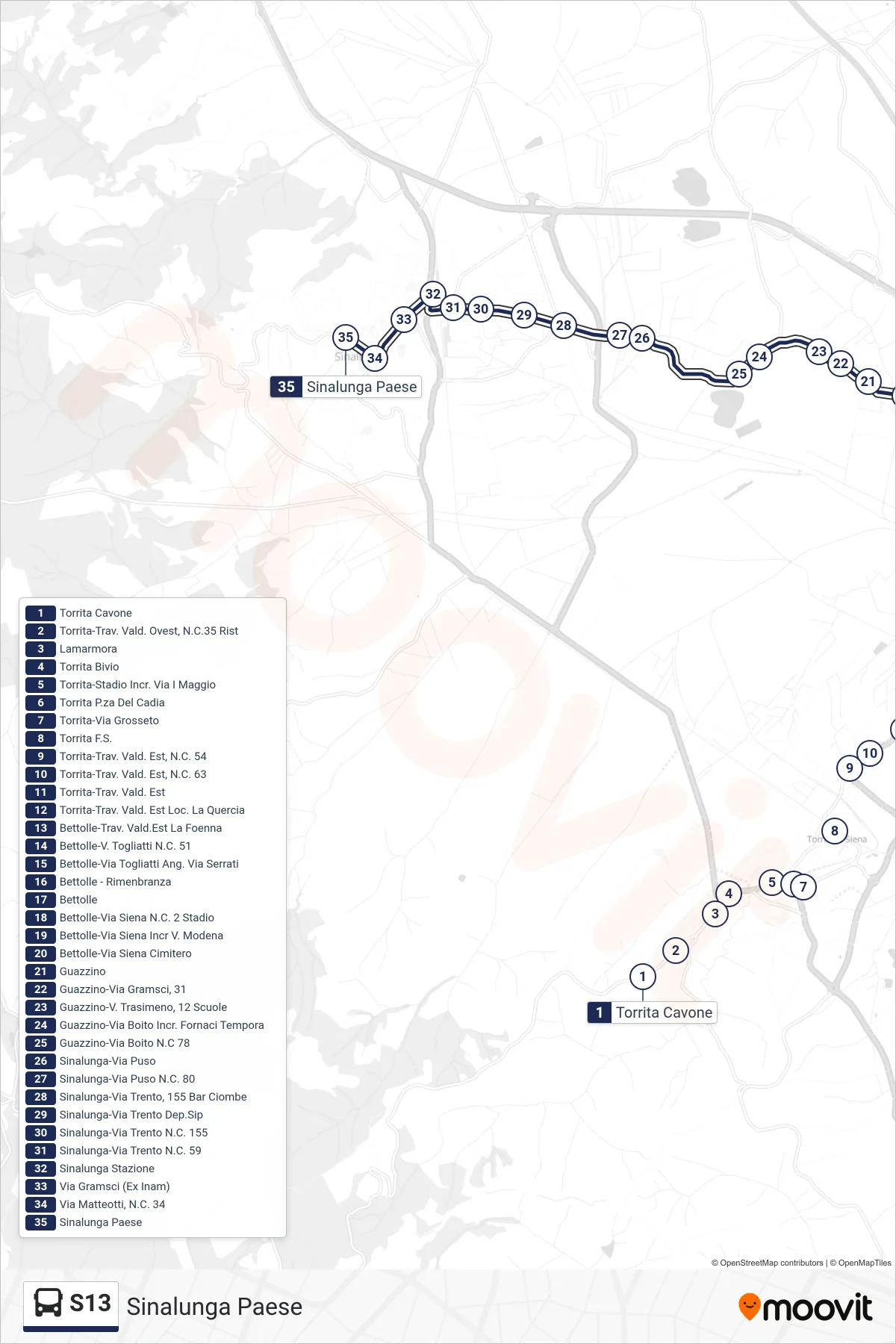 Linea S13 bus (Sinalunga Paese) - Percorsi e fermate sulla mappa