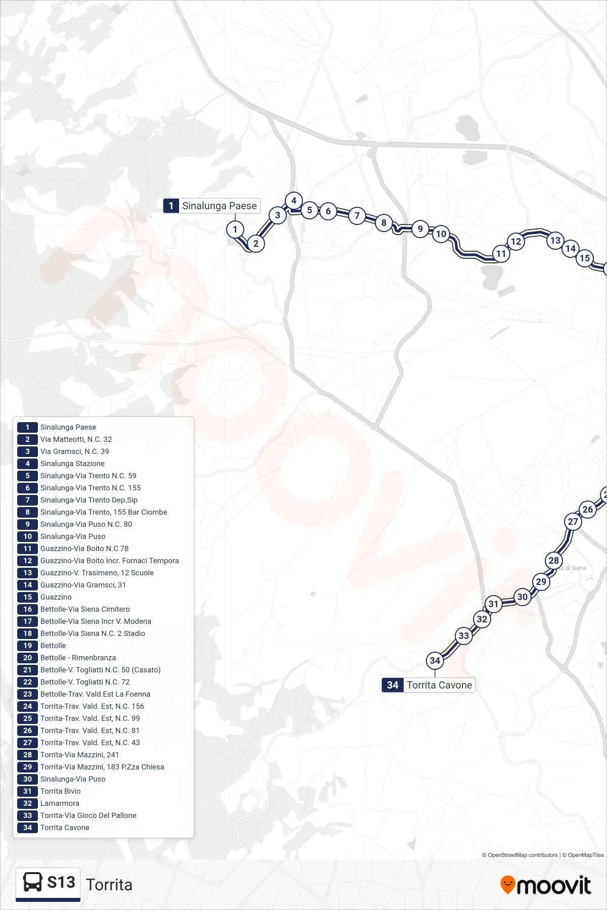 Linea S13 bus (Torrita) - Percorsi e fermate sulla mappa