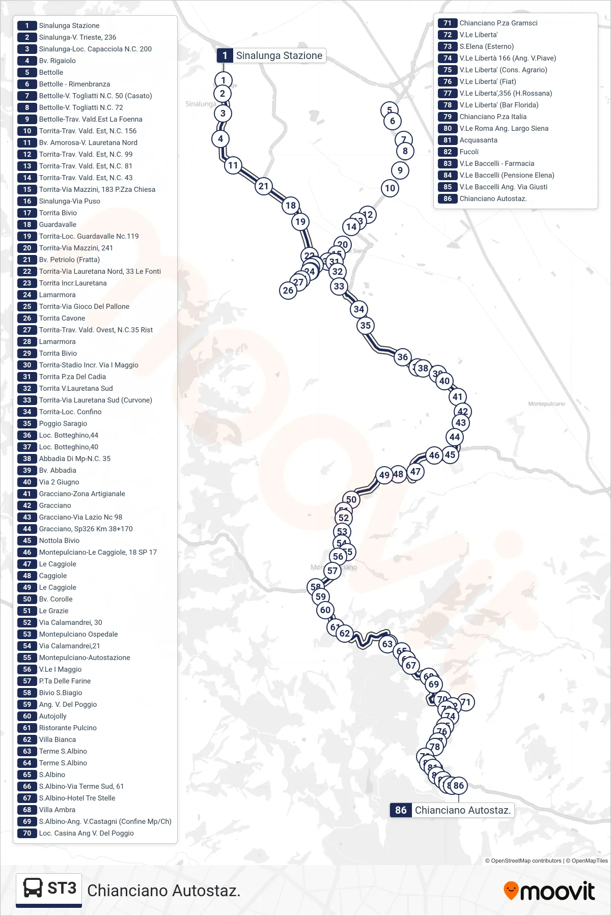 Linea ST3 bus (Chianciano Autostaz.) - Percorsi e fermate sulla mappa