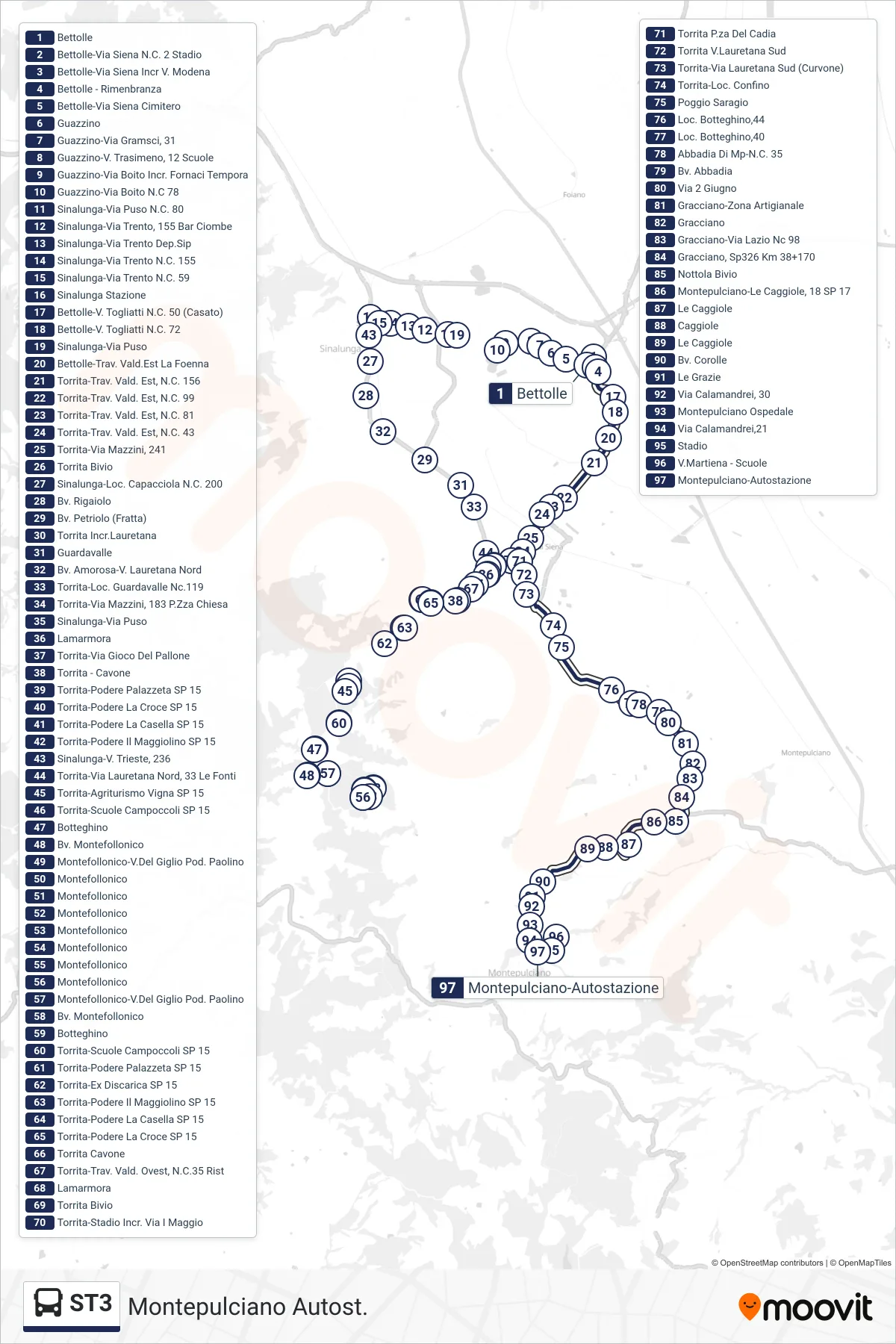Linea ST3 bus (Montepulciano Autost.) - Percorsi e fermate sulla mappa