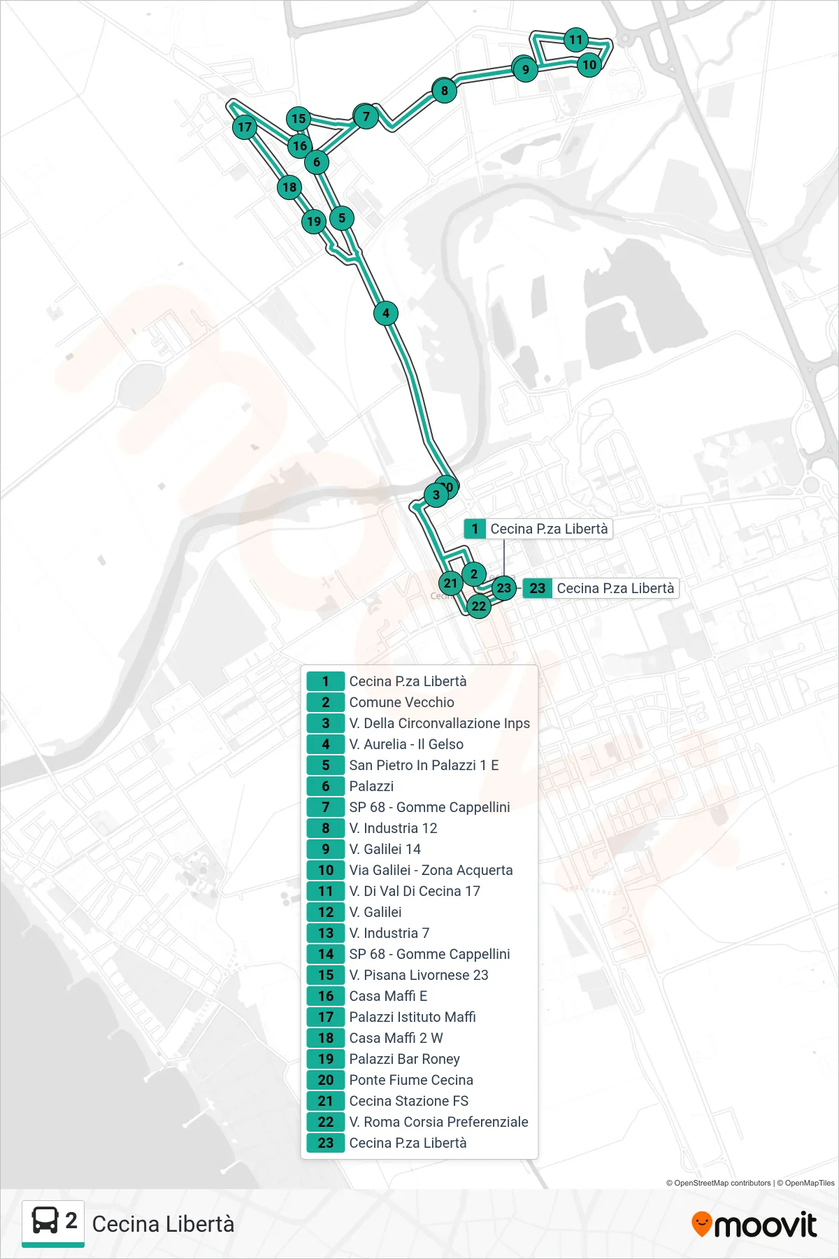 Linea 2 bus (Cecina Libertà) - Percorsi e fermate sulla mappa