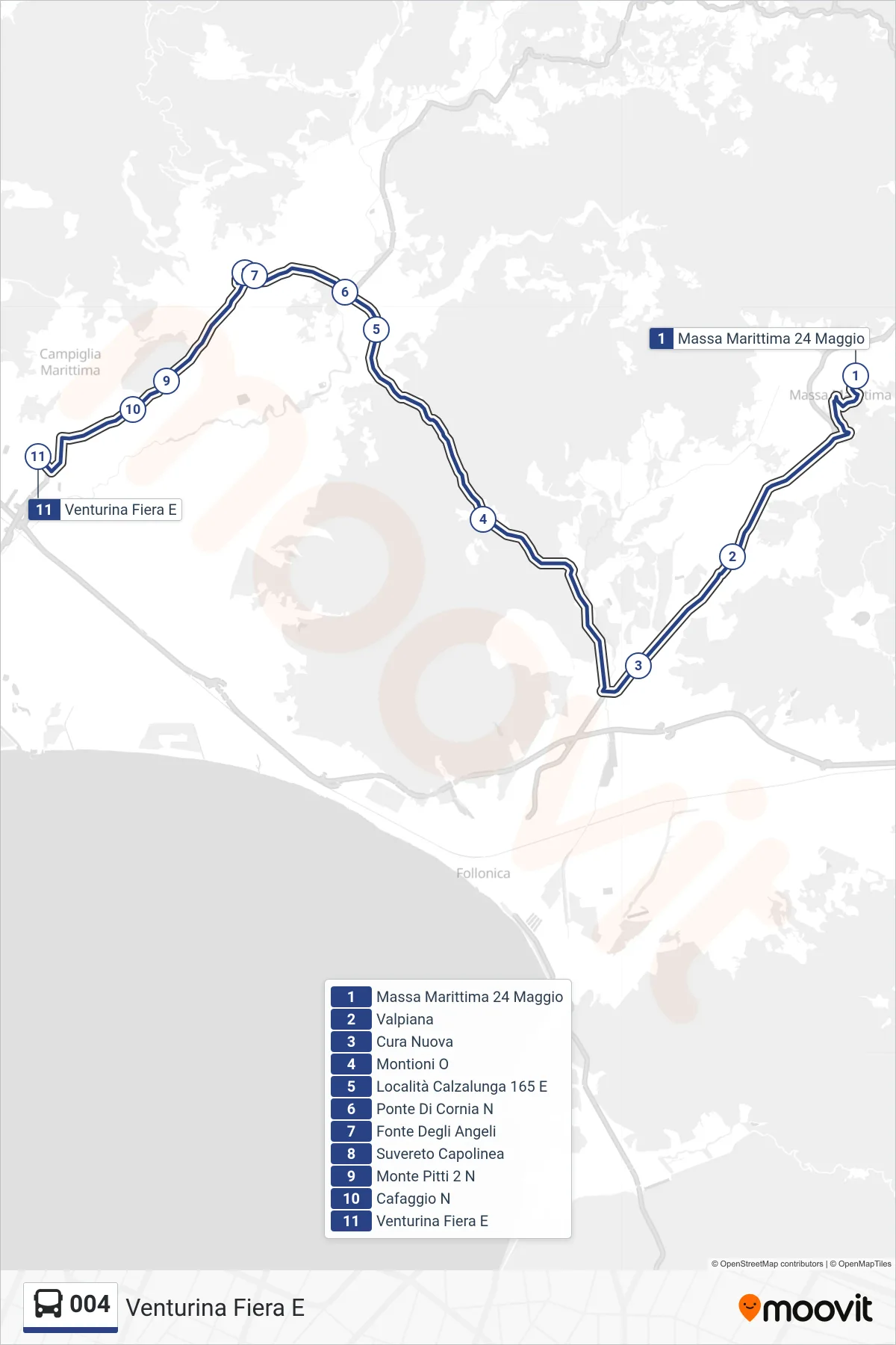 Linea 004  bus (Venturina Fiera E) - Percorsi e fermate sulla mappa