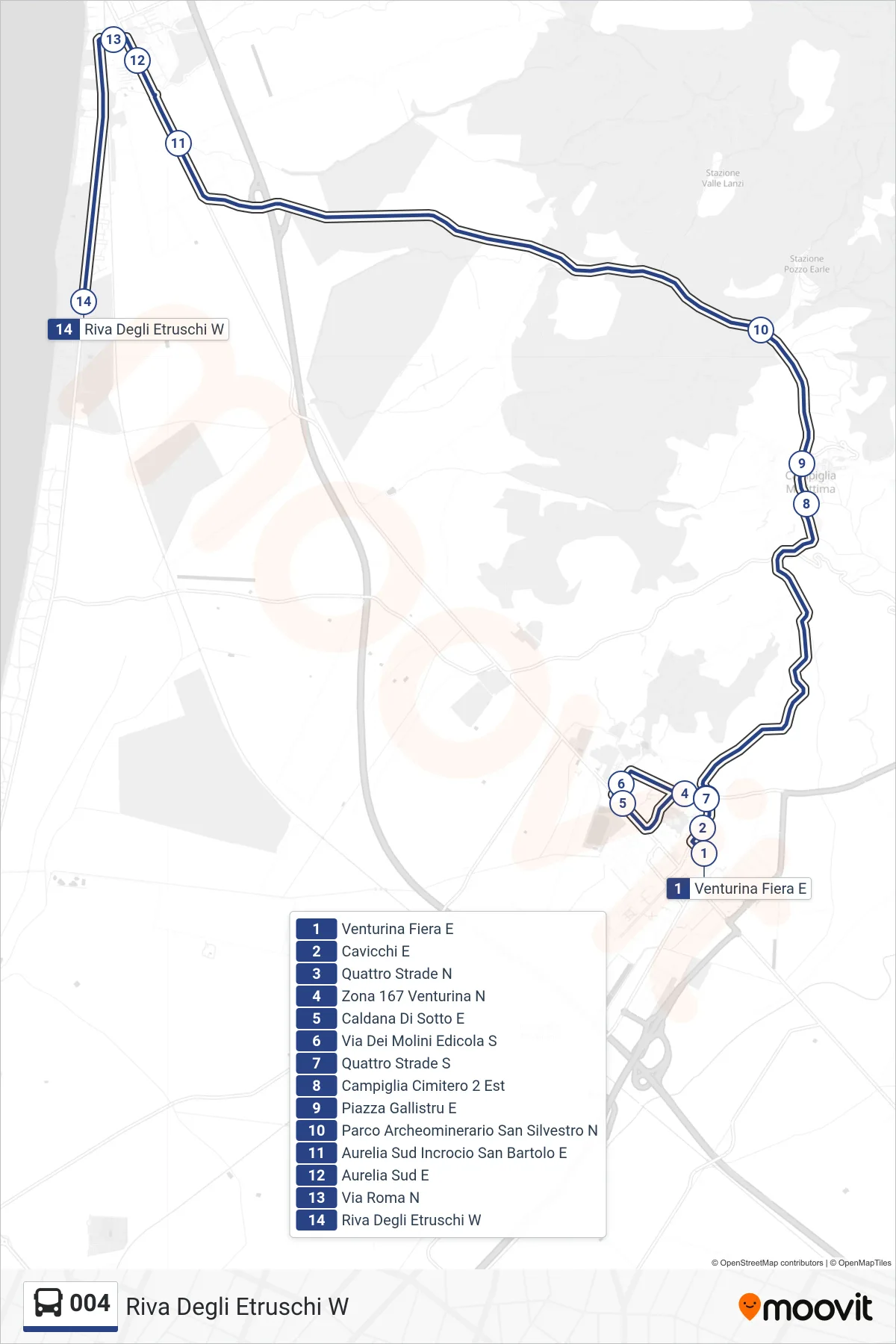 Linea 004 bus (Riva Degli Etruschi W) - Percorsi e fermate sulla mappa