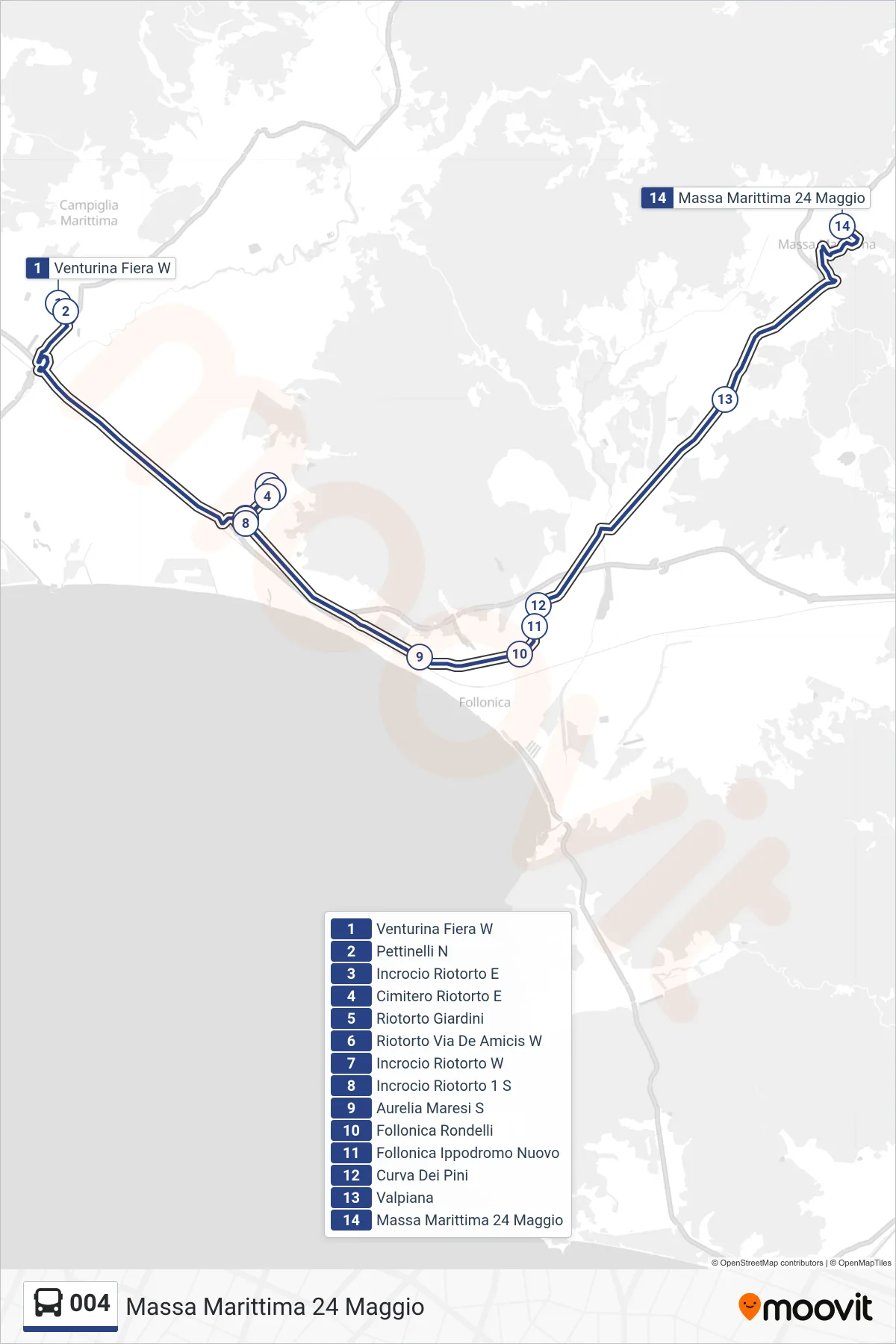Linea 004 bus (Massa Marittima 24 Maggio) - Percorsi e fermate sulla mappa