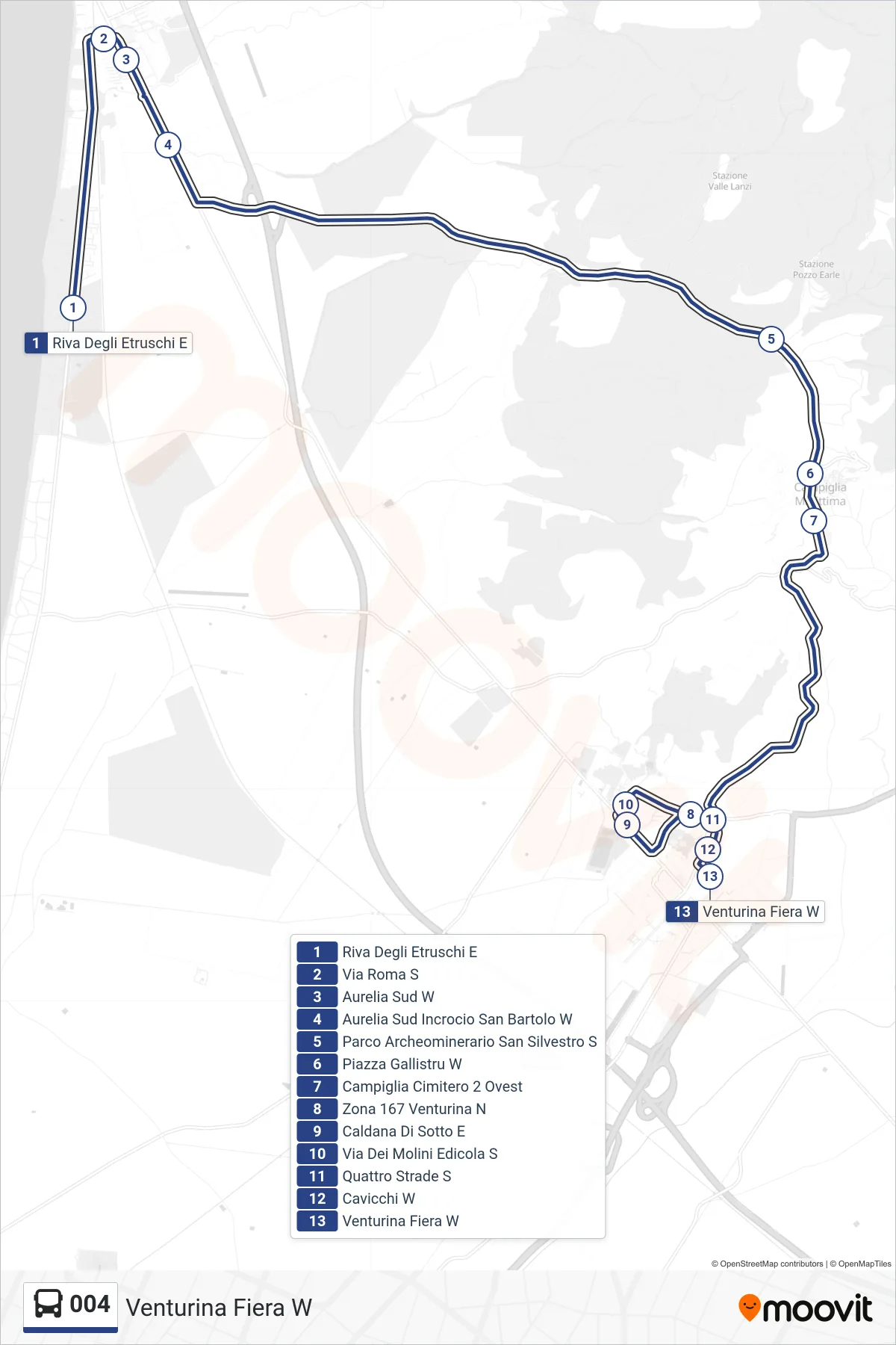 Linea 004 bus (Venturina Fiera W) - Percorsi e fermate sulla mappa