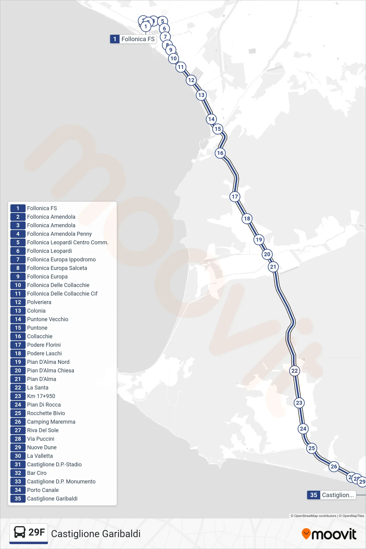 Linea 29F bus (Castiglione Garibaldi) - Percorsi e fermate sulla mappa