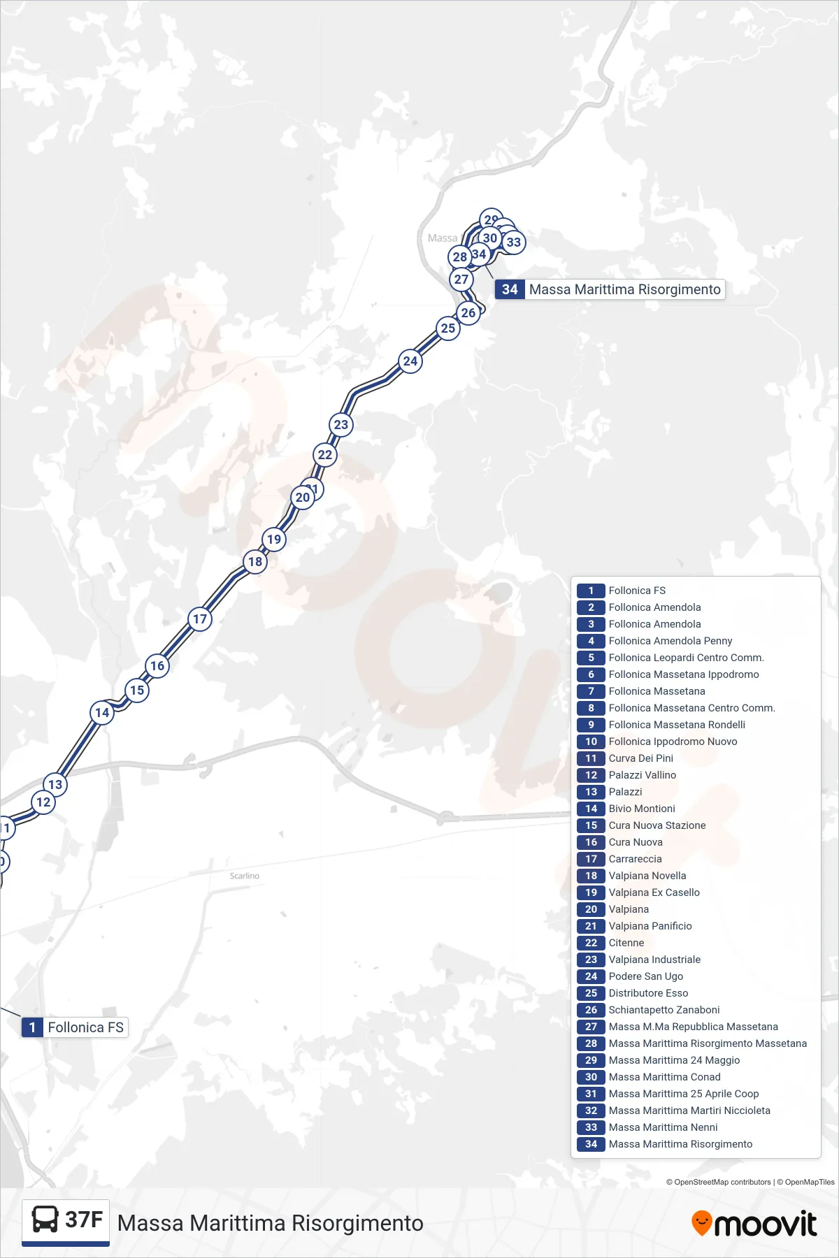 Linea 37F  bus (Massa Marittima Risorgimento) - Percorsi e fermate sulla mappa