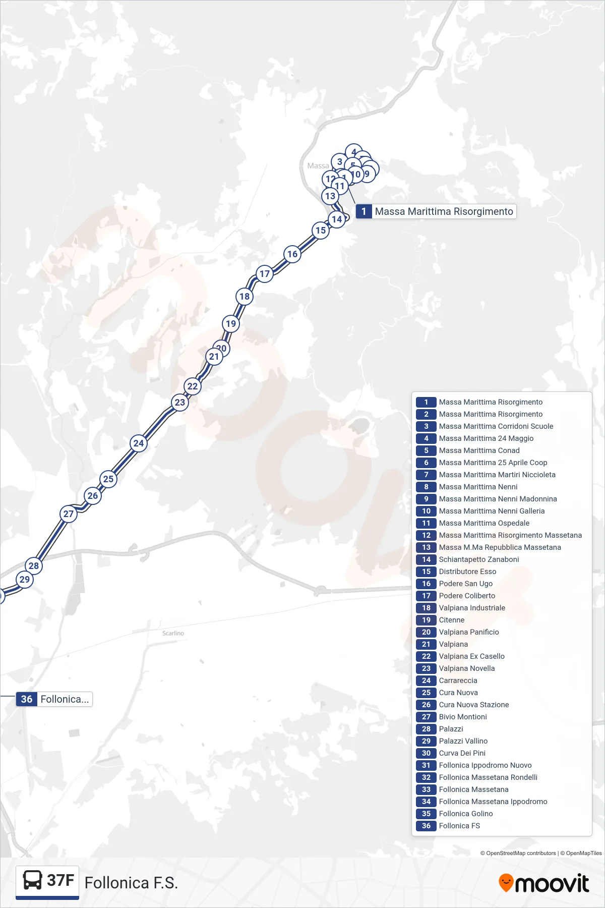 Linea 37F bus (Follonica F.S.) - Percorsi e fermate sulla mappa