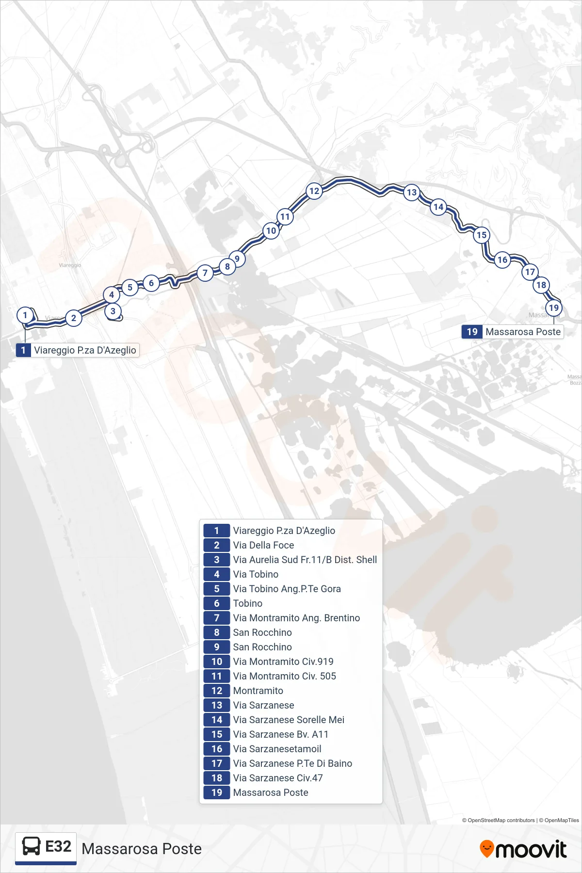Linea E32 bus (Massarosa Poste) - Percorsi e fermate sulla mappa