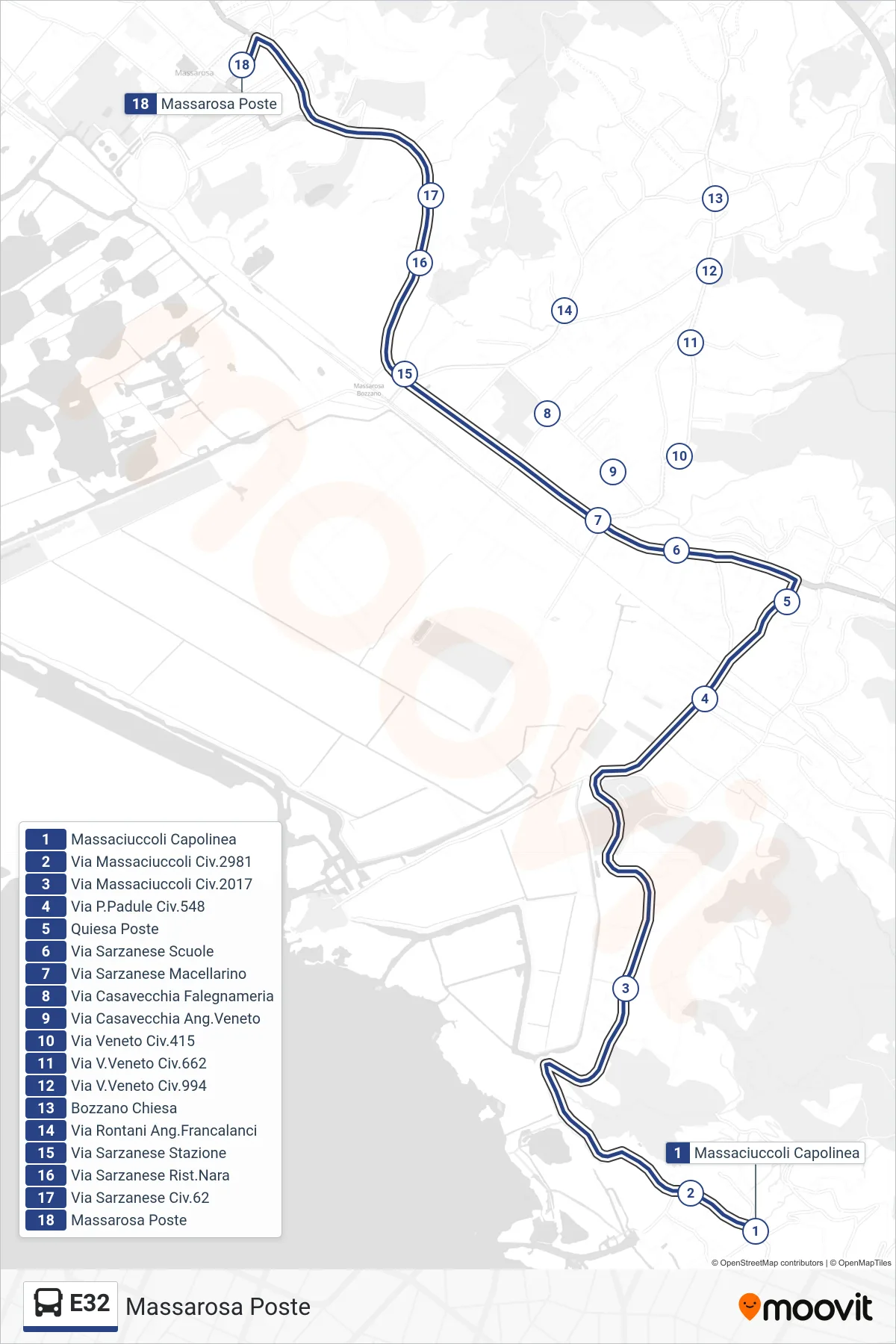 Linea E32 bus (Massarosa Poste) - Percorsi e fermate sulla mappa