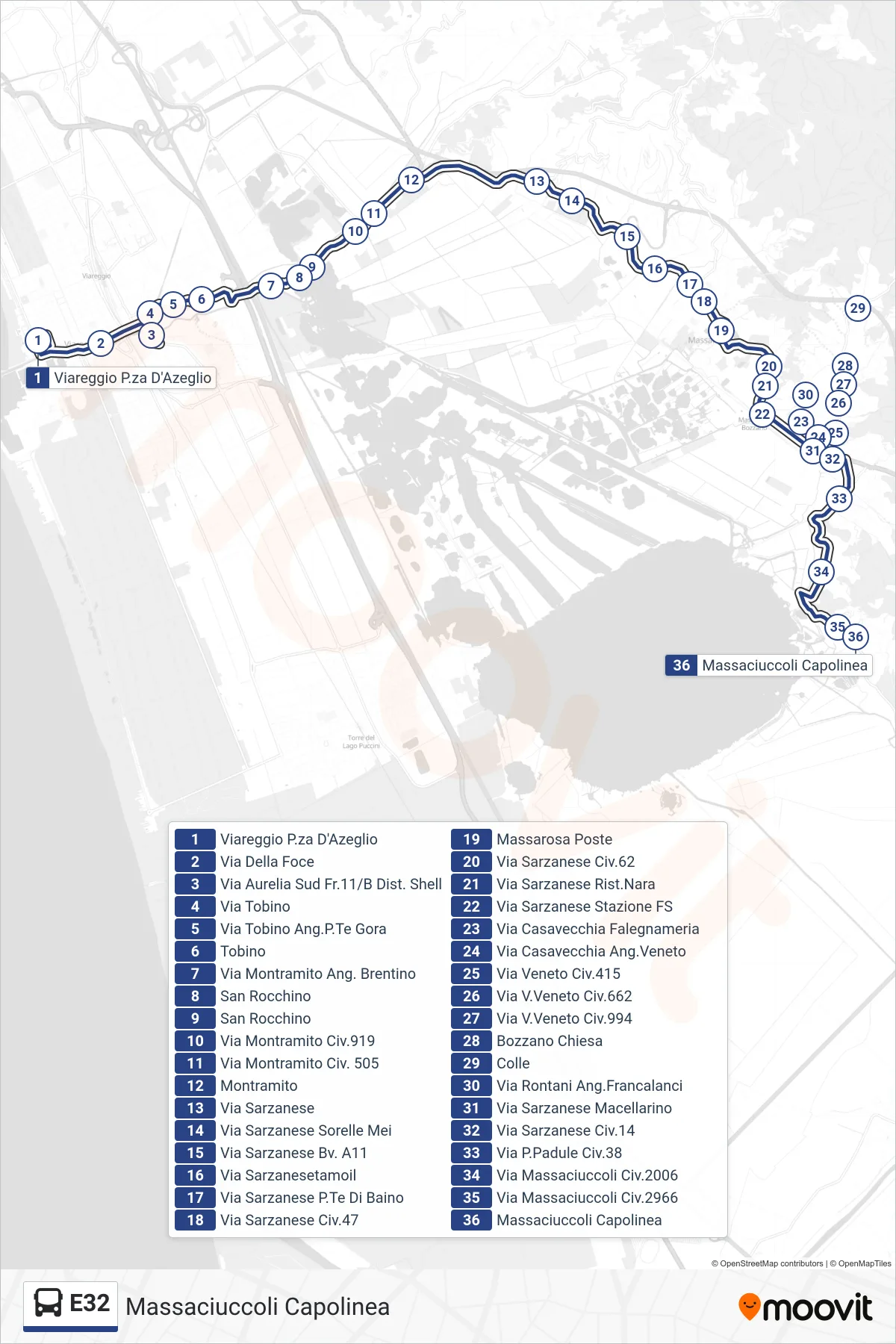 Linea E32 bus (Massaciuccoli Capolinea) - Percorsi e fermate sulla mappa