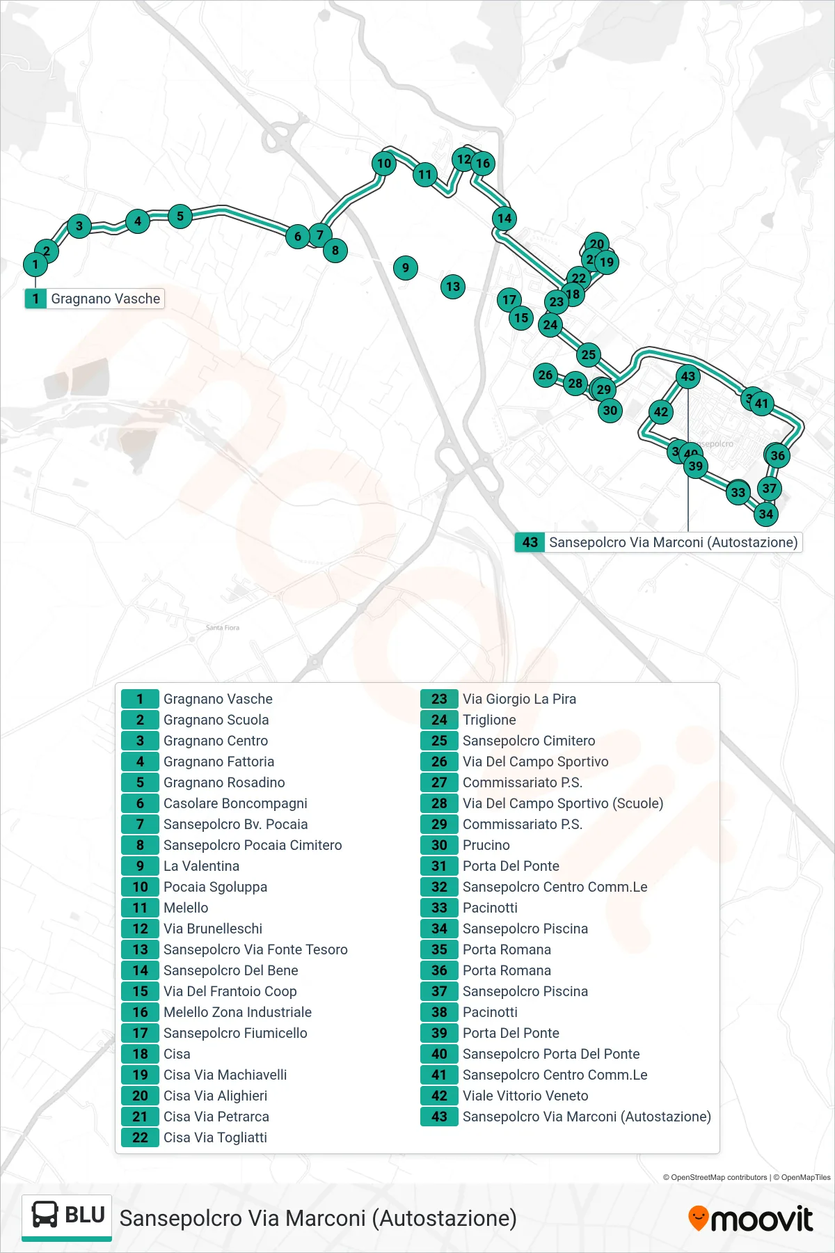 Linea BLU bus (Sansepolcro Via Marconi (Autostazione)) - Percorsi e fermate sulla mappa
