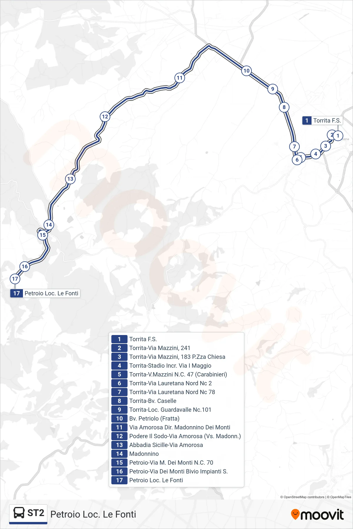 Linea ST2 bus (Petroio Loc. Le Fonti) - Percorsi e fermate sulla mappa