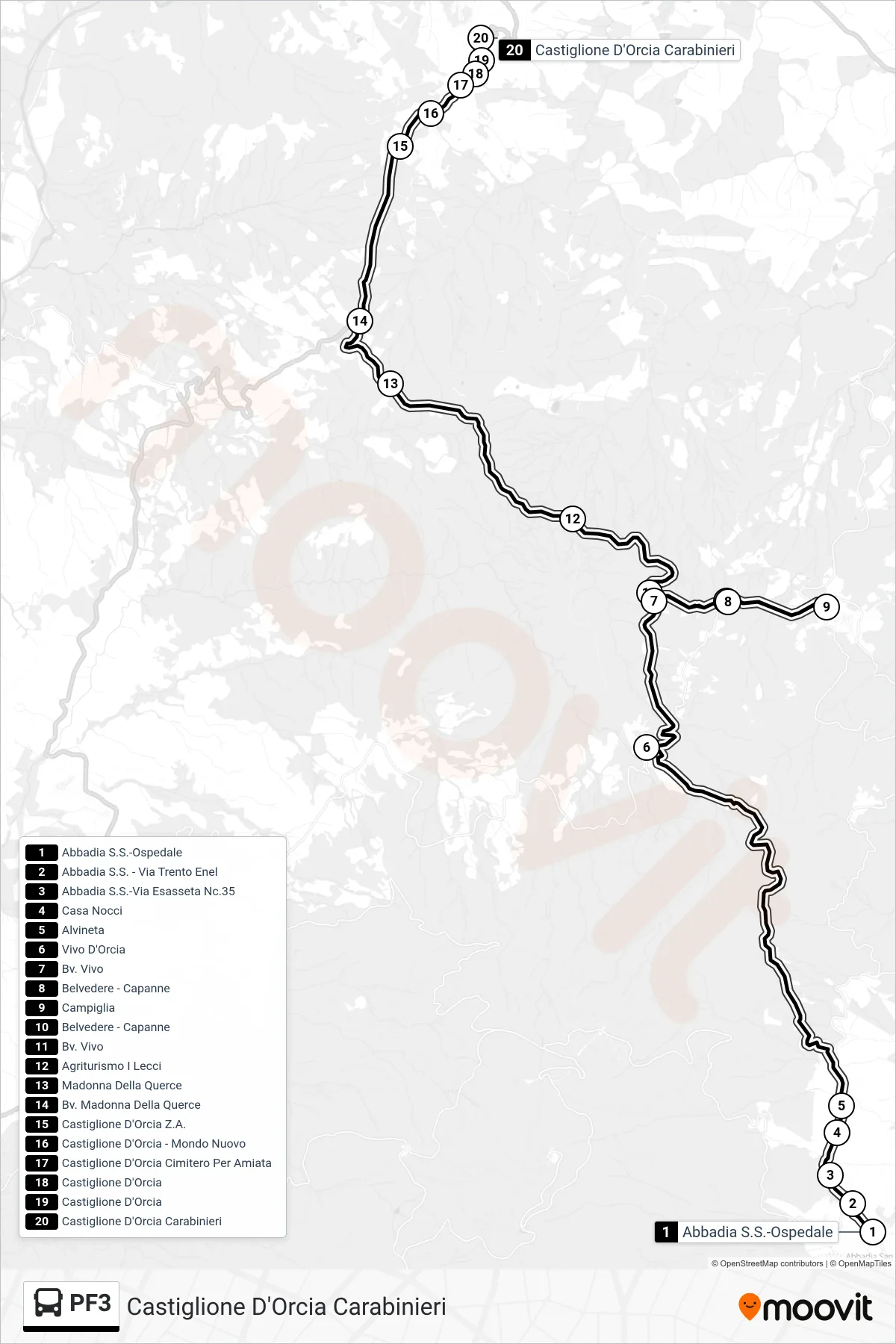 Linea PF3  bus (Castiglione D'Orcia Carabinieri) - Percorsi e fermate sulla mappa