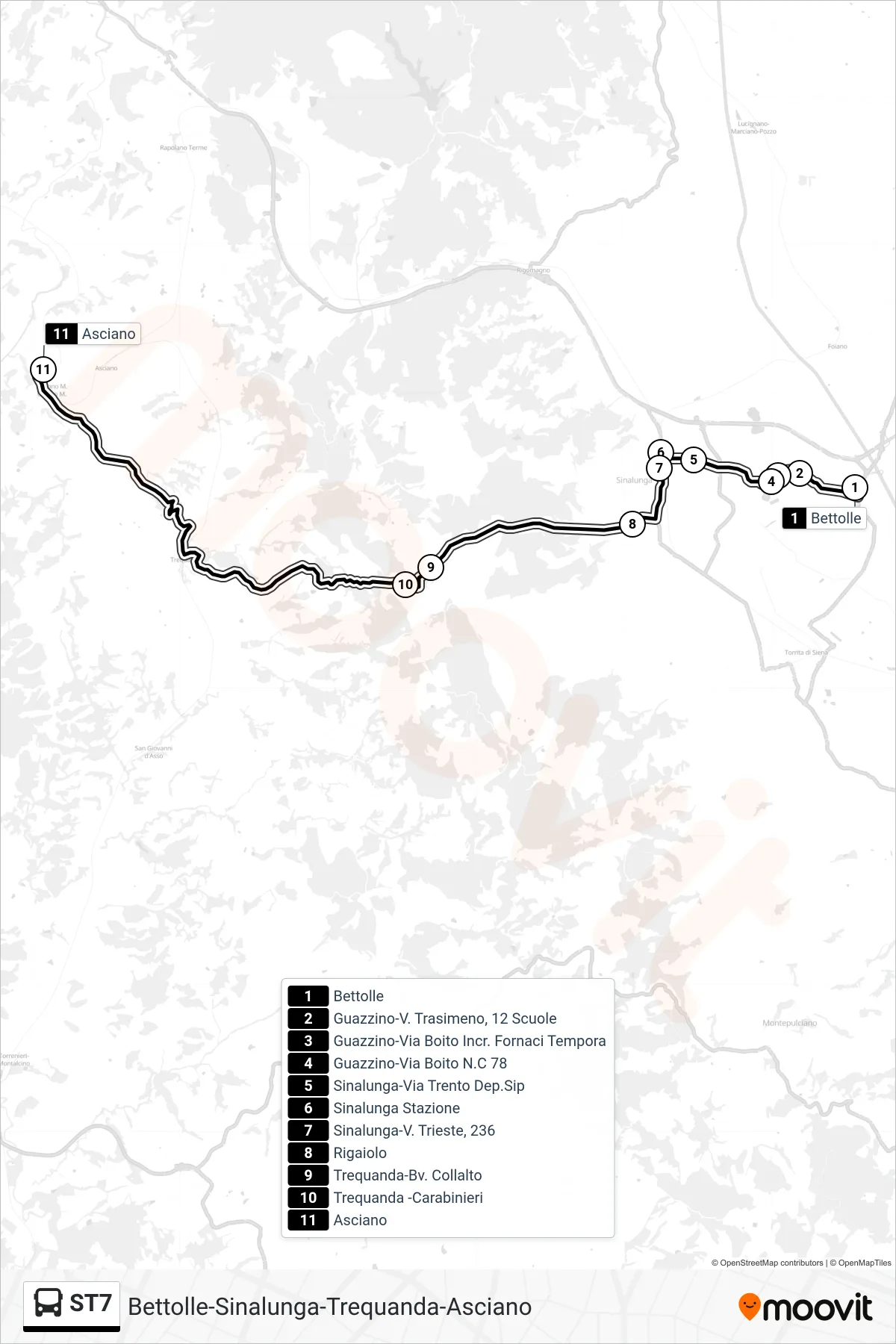 Linea ST7 bus (Asciano) - Percorsi e fermate sulla mappa
