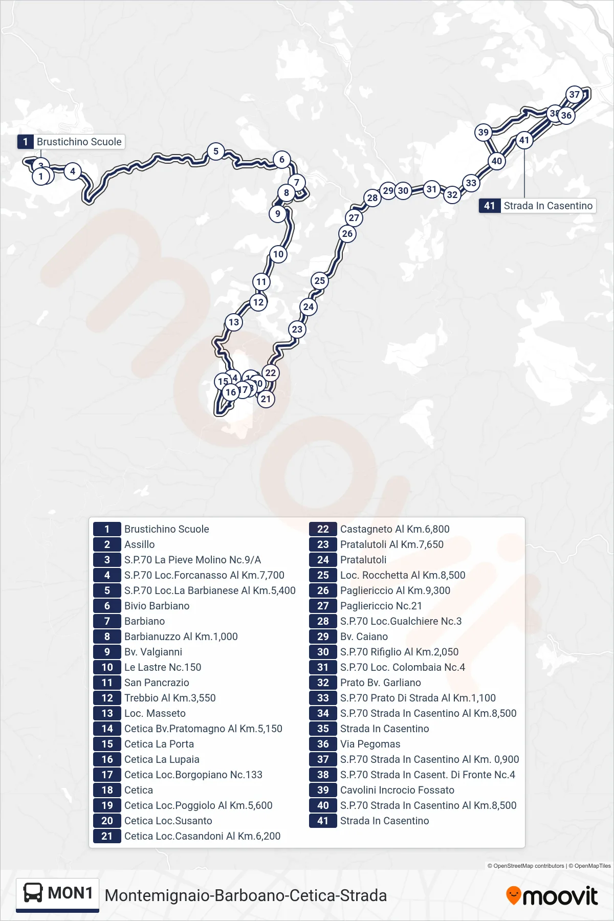 Linea MON1 bus (Strada In Casentino) - Percorsi e fermate sulla mappa