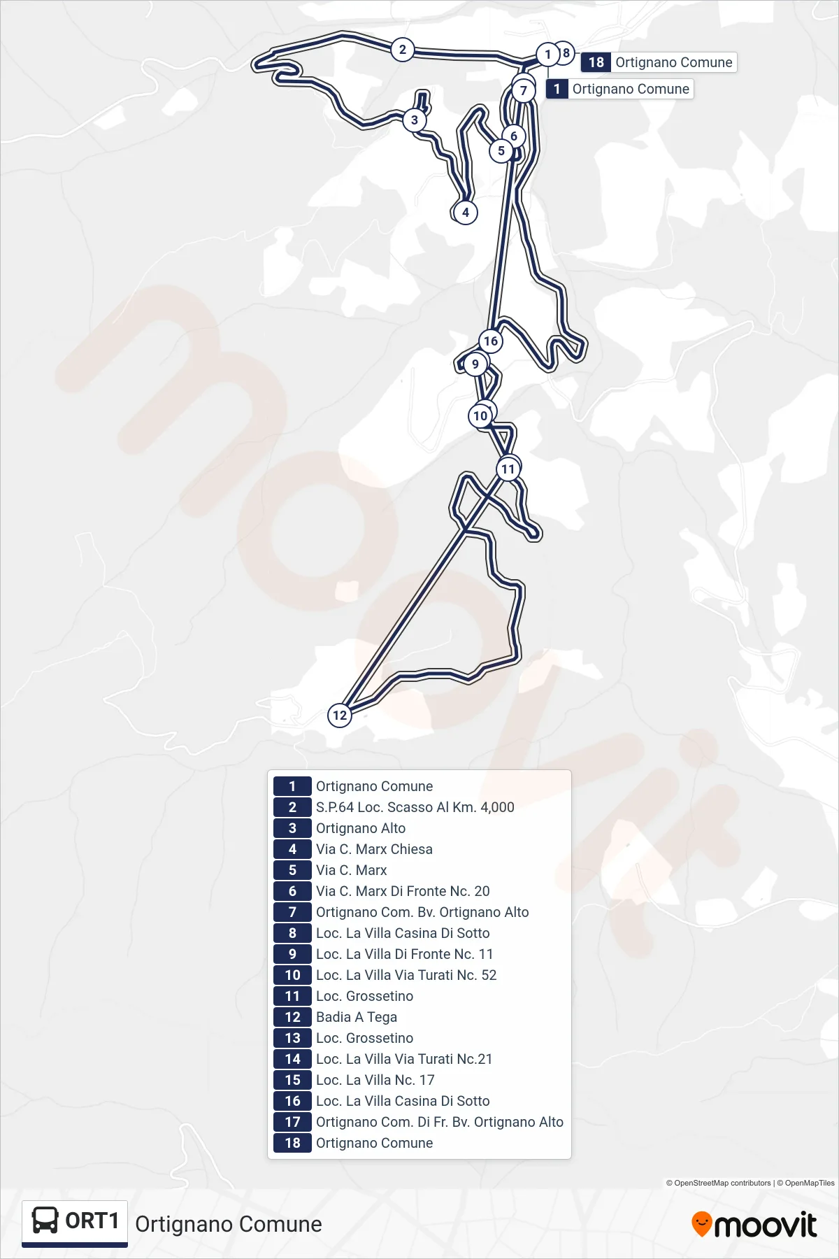Linea ORT1  bus (Ortignano Comune) - Percorsi e fermate sulla mappa