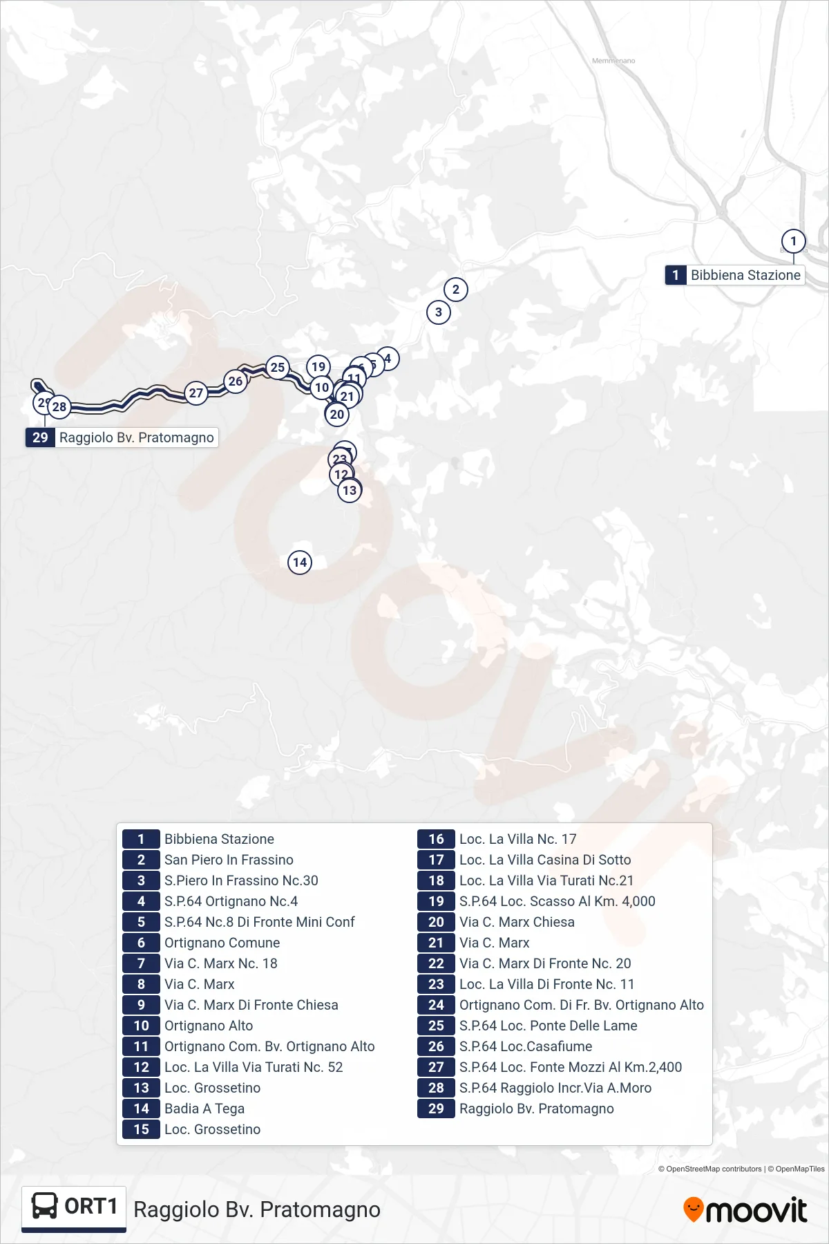 Linea ORT1 bus (Raggiolo Bv. Pratomagno) - Percorsi e fermate sulla mappa
