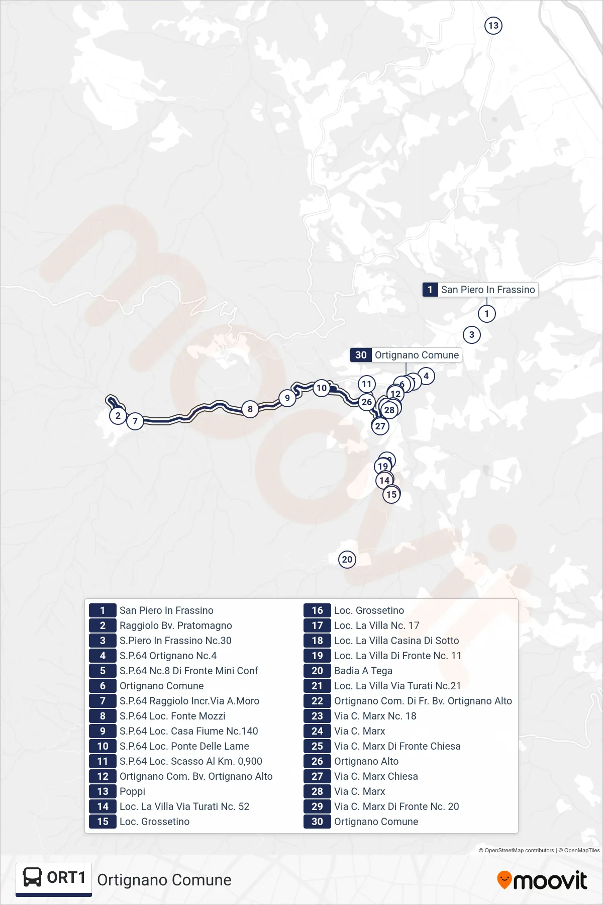 Linea ORT1  bus (Ortignano Comune) - Percorsi e fermate sulla mappa