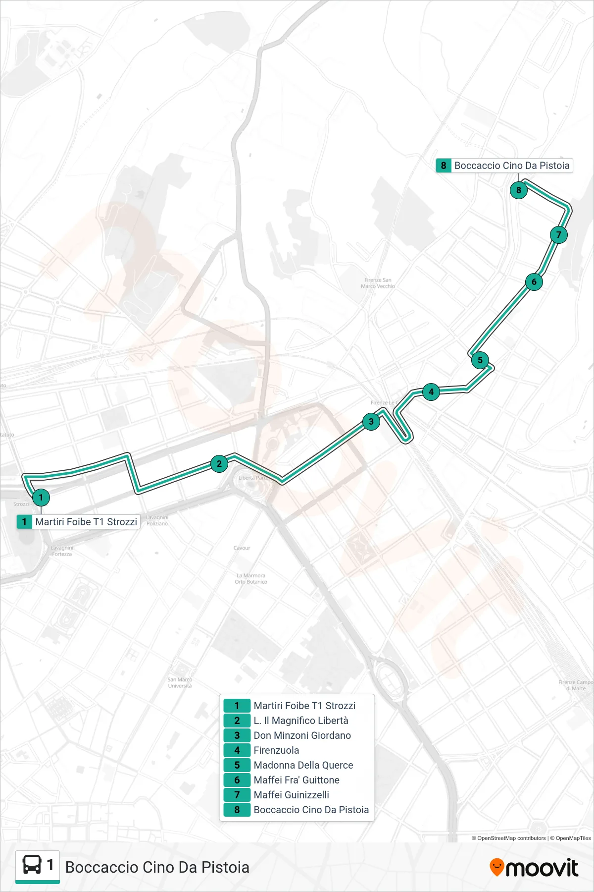 Linea 1  bus (Boccaccio Cino Da Pistoia) - Percorsi e fermate sulla mappa