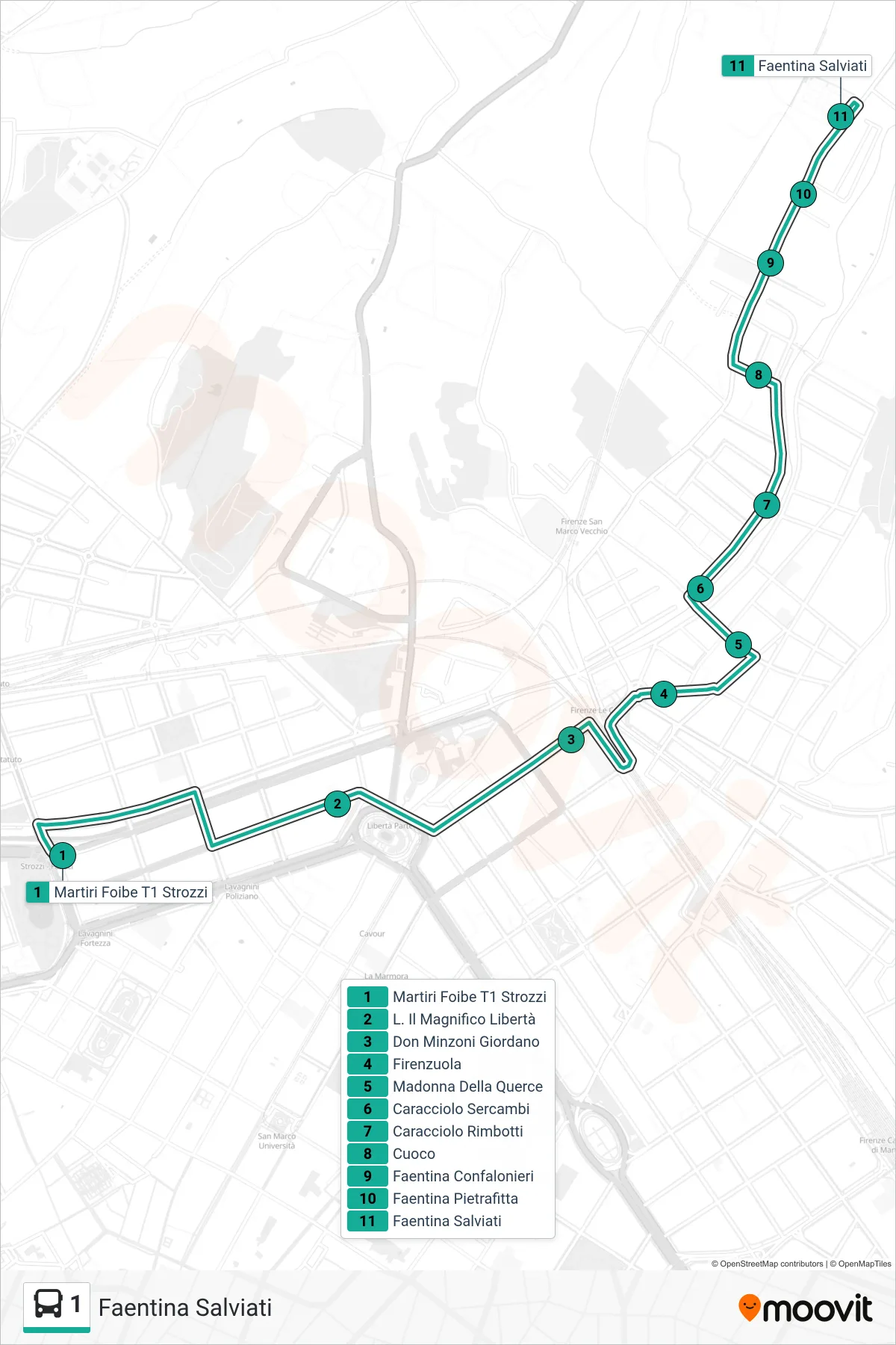 Linea 1 bus (Faentina Salviati) - Percorsi e fermate sulla mappa