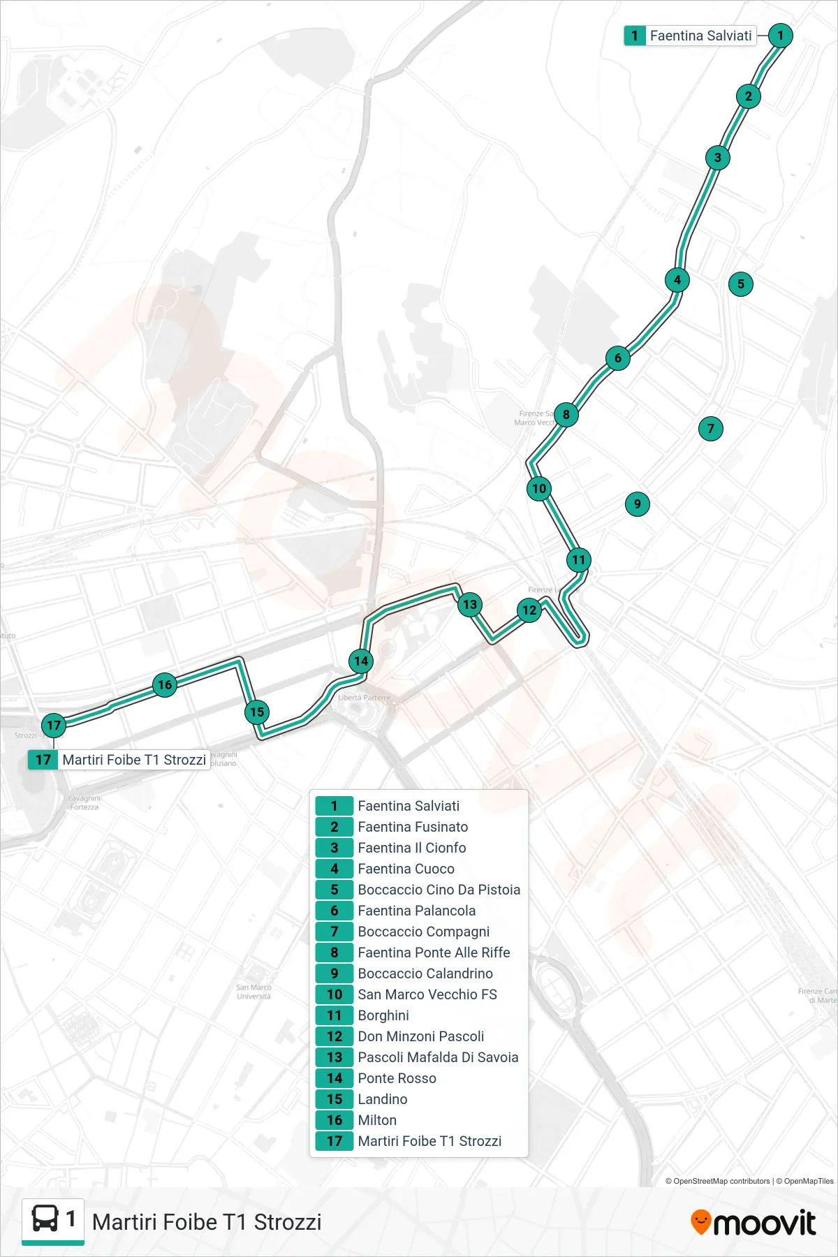 Linea 1  bus (Martiri Foibe T1 Strozzi) - Percorsi e fermate sulla mappa