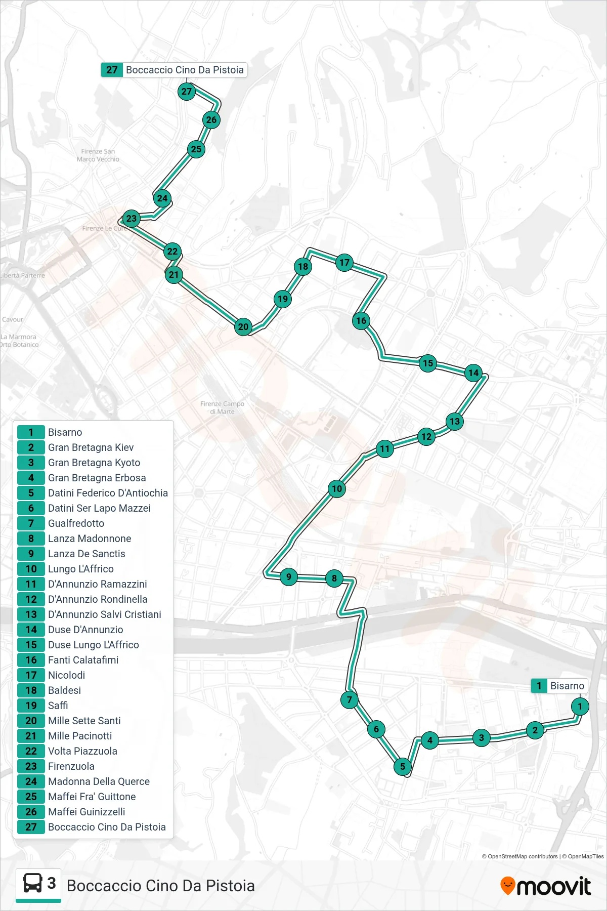 Linea 3 bus (Boccaccio Cino Da Pistoia) - Percorsi e fermate sulla mappa
