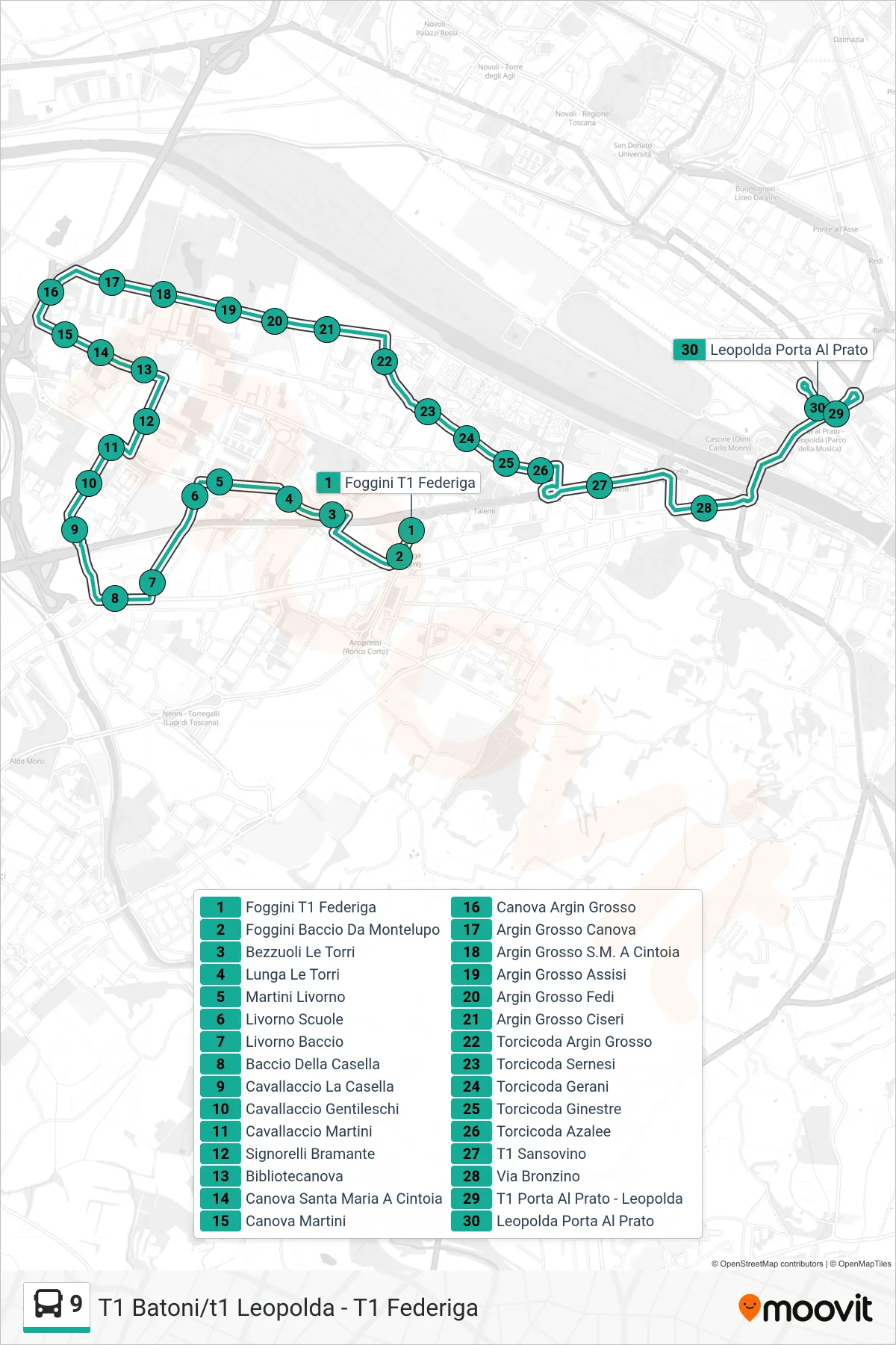 Linea 9 bus (Leopolda Porta Al Prato) - Percorsi e fermate sulla mappa