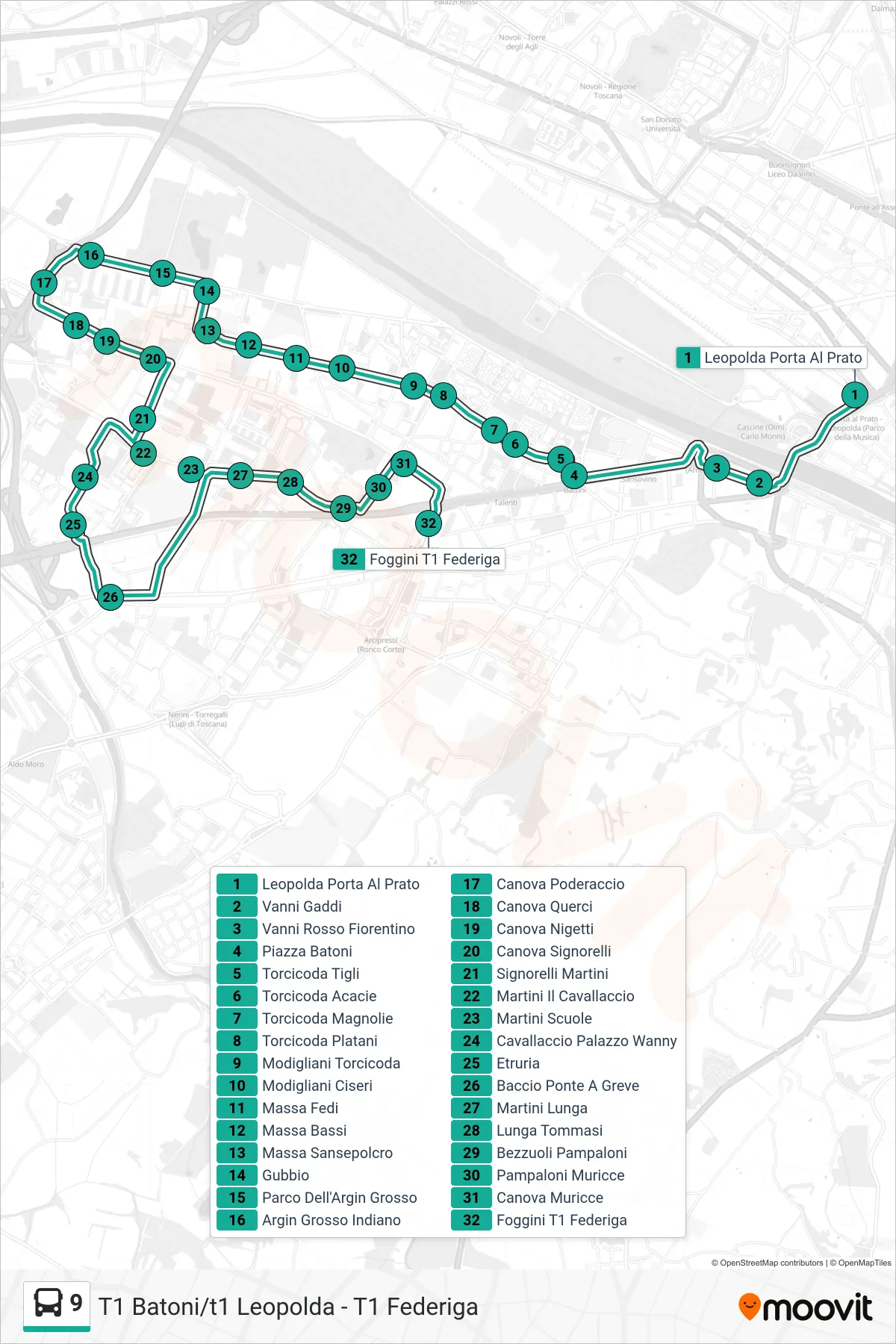 Linea 9 bus (Foggini T1 Federiga) - Percorsi e fermate sulla mappa