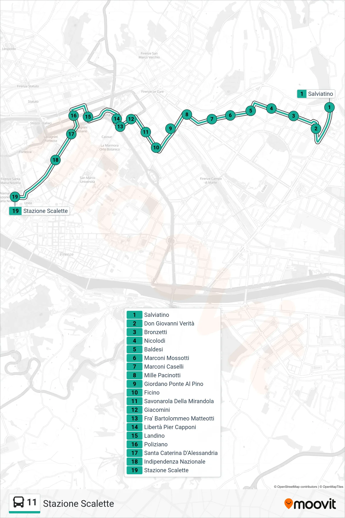 Linea 11 bus (Stazione Scalette) - Percorsi e fermate sulla mappa