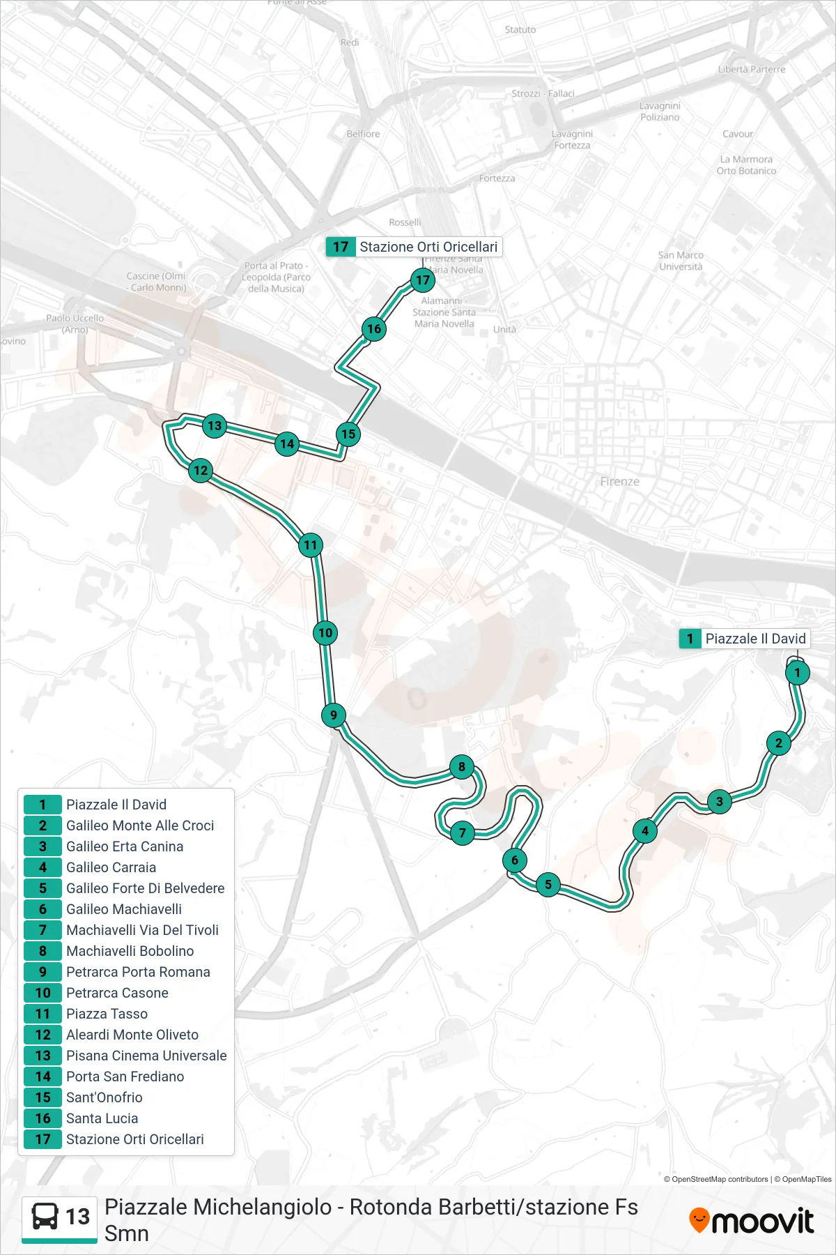 Linea 13 bus (Stazione Orti Oricellari) - Percorsi e fermate sulla mappa