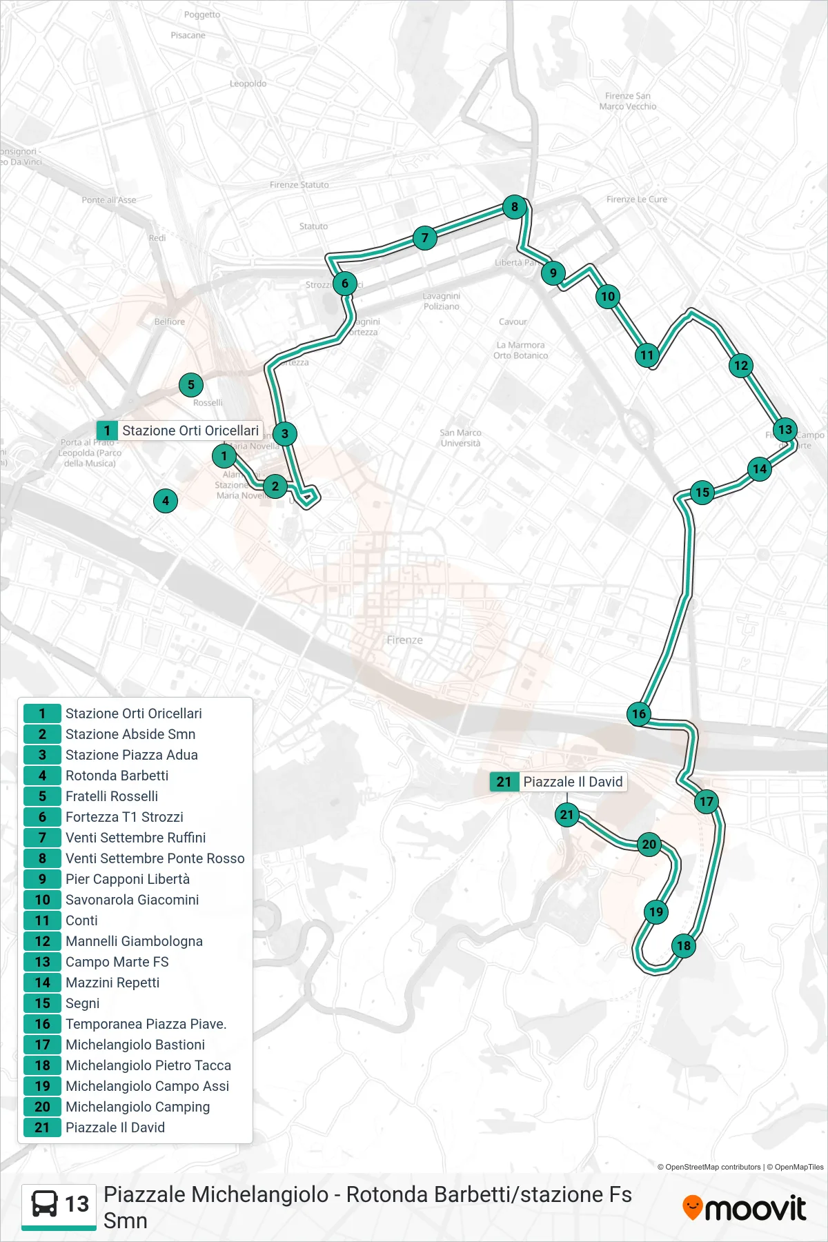Linea 13 bus (Piazzale Il David) - Percorsi e fermate sulla mappa