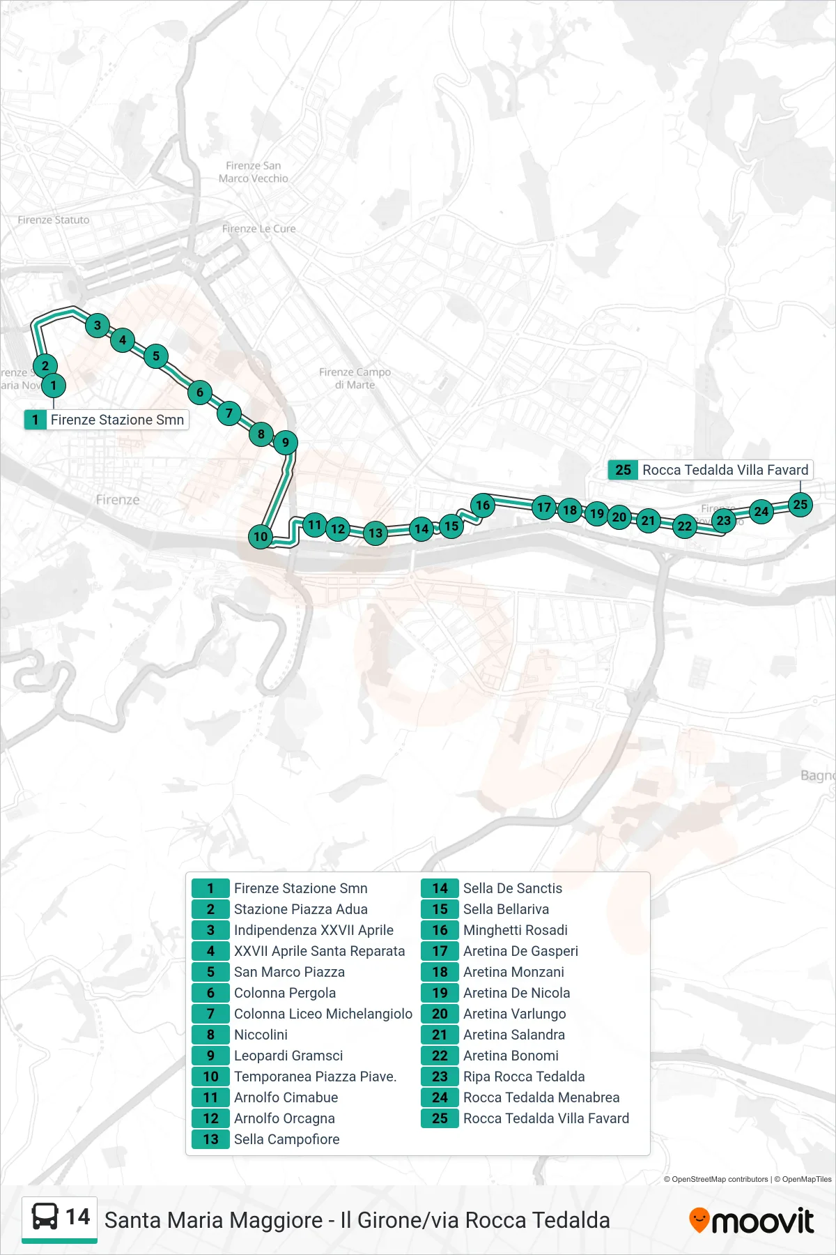 Linea 14  bus (Rocca Tedalda Villa Favard) - Percorsi e fermate sulla mappa