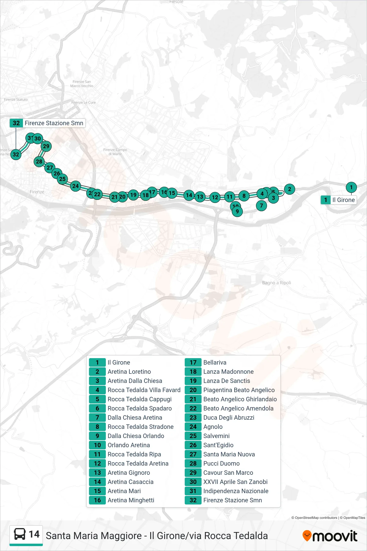 Linea 14 bus (Firenze Stazione Smn) - Percorsi e fermate sulla mappa