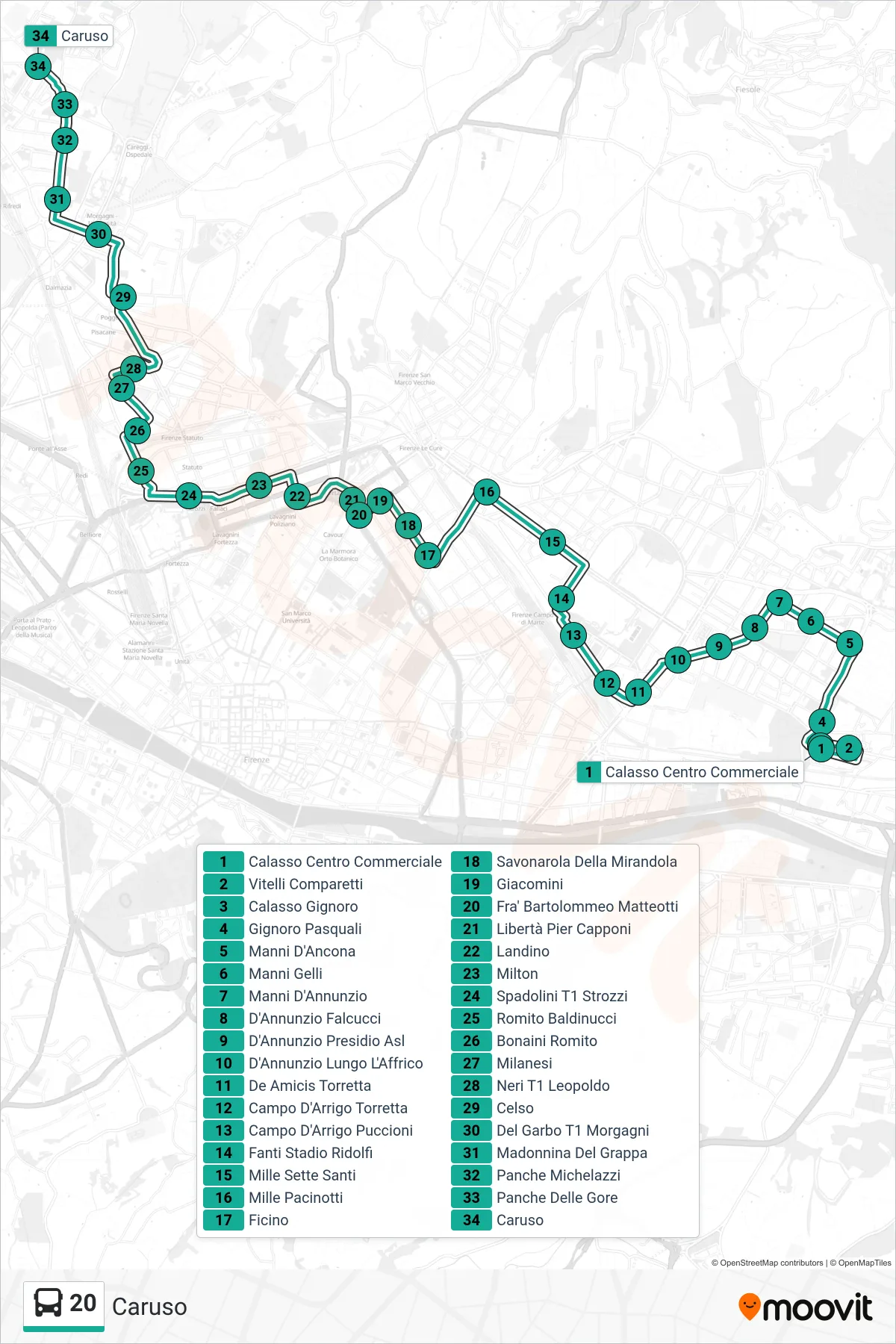 Linea 20  bus (Caruso) - Percorsi e fermate sulla mappa