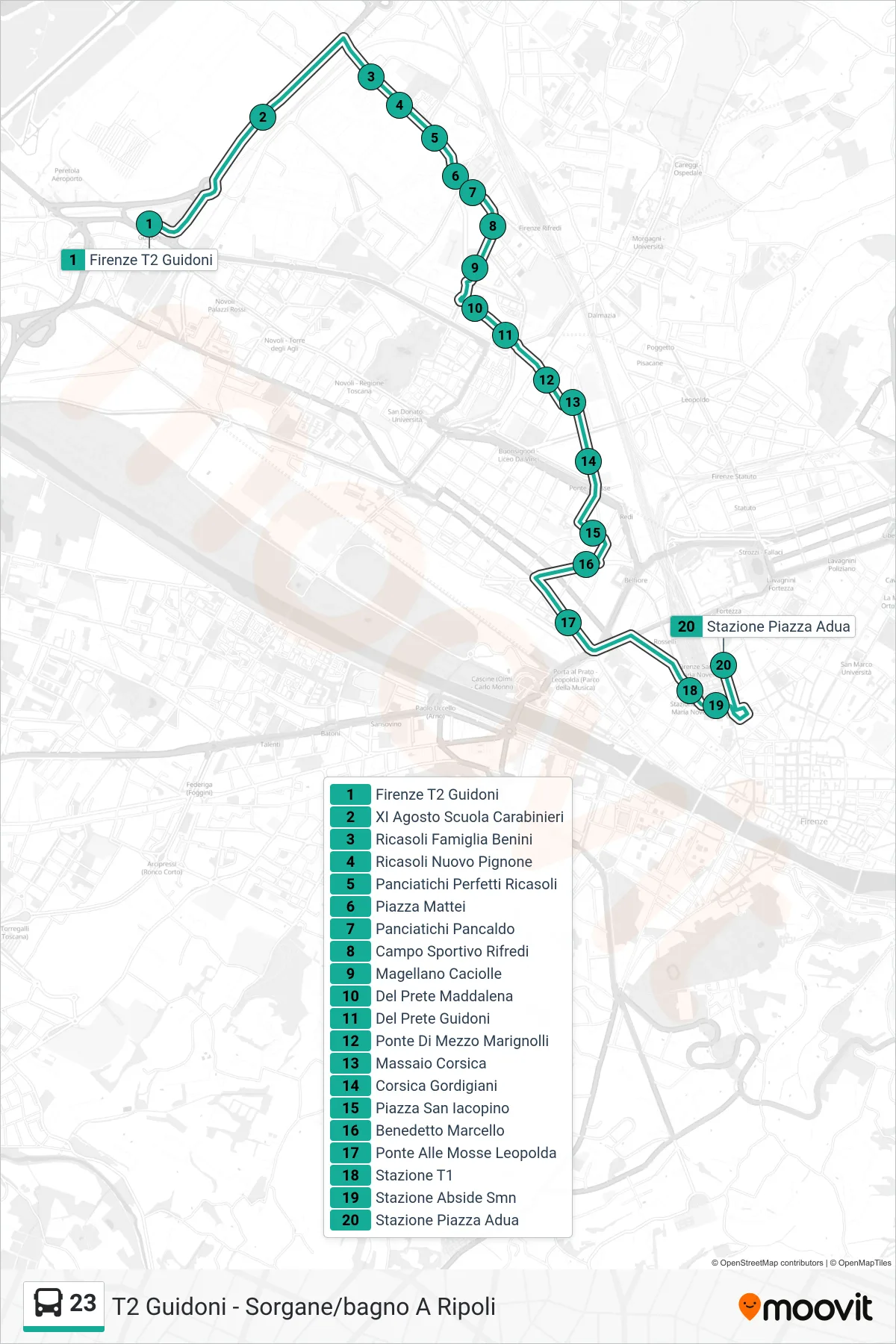 Linea 23 bus (Stazione Piazza Adua) - Percorsi e fermate sulla mappa