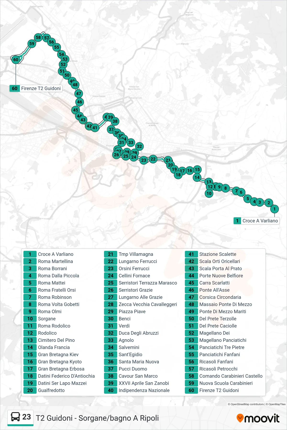 Linea 23 bus (Firenze T2 Guidoni) - Percorsi e fermate sulla mappa