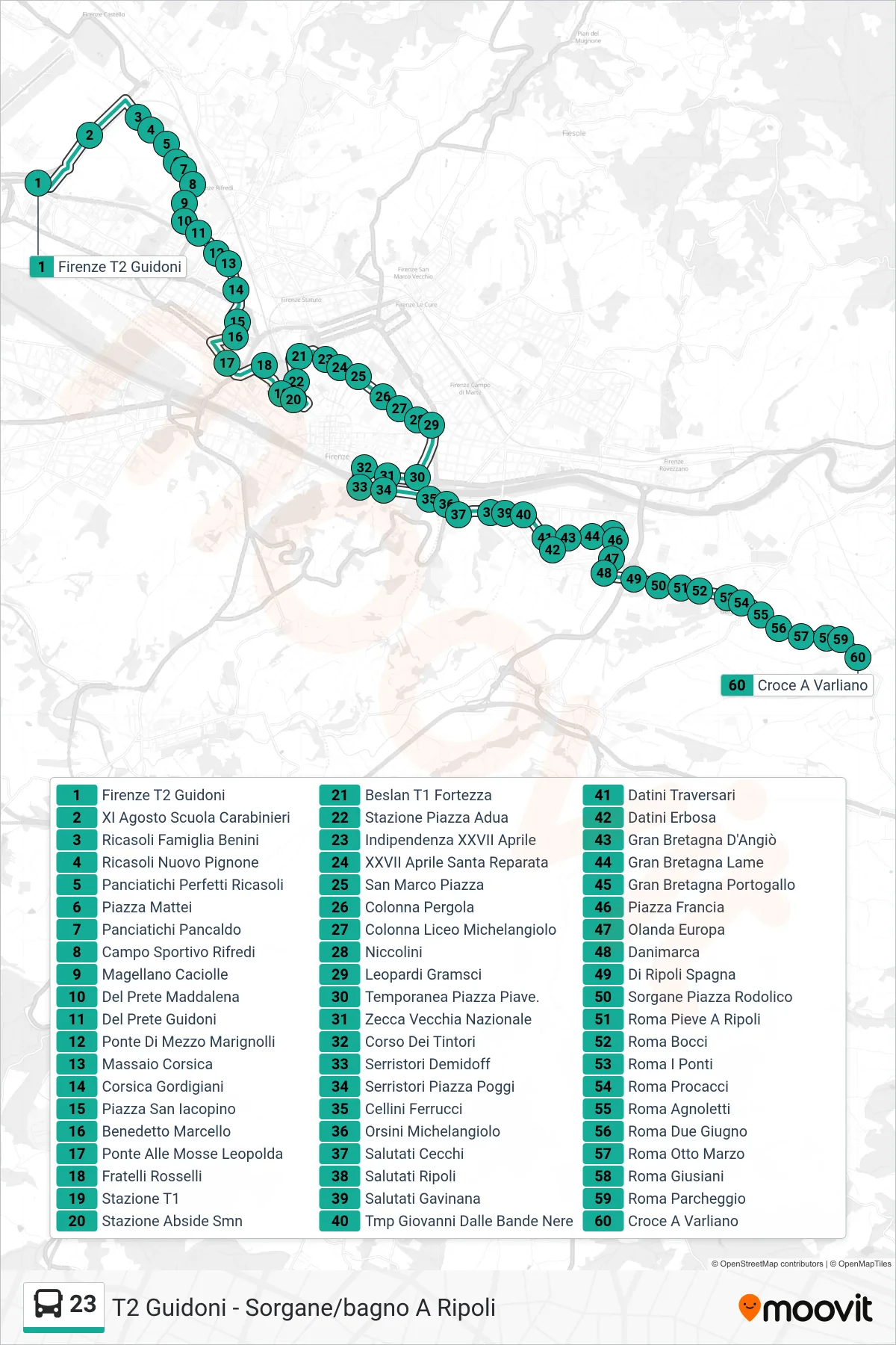 Linea 23 bus (Croce A Varliano) - Percorsi e fermate sulla mappa